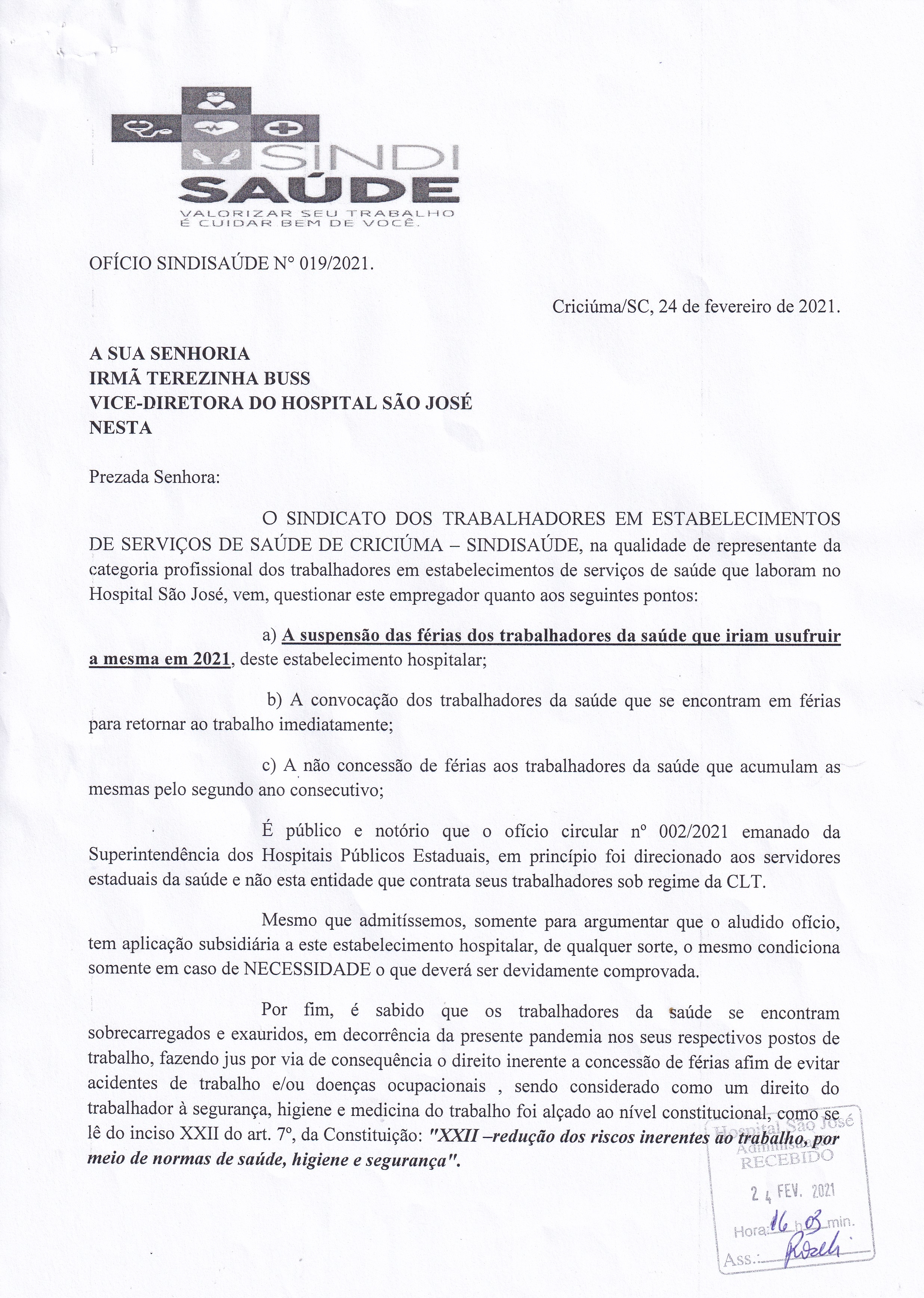 OFÍCIO ENCAMINHADO AO HOSPITAL SÃO JOSÉ