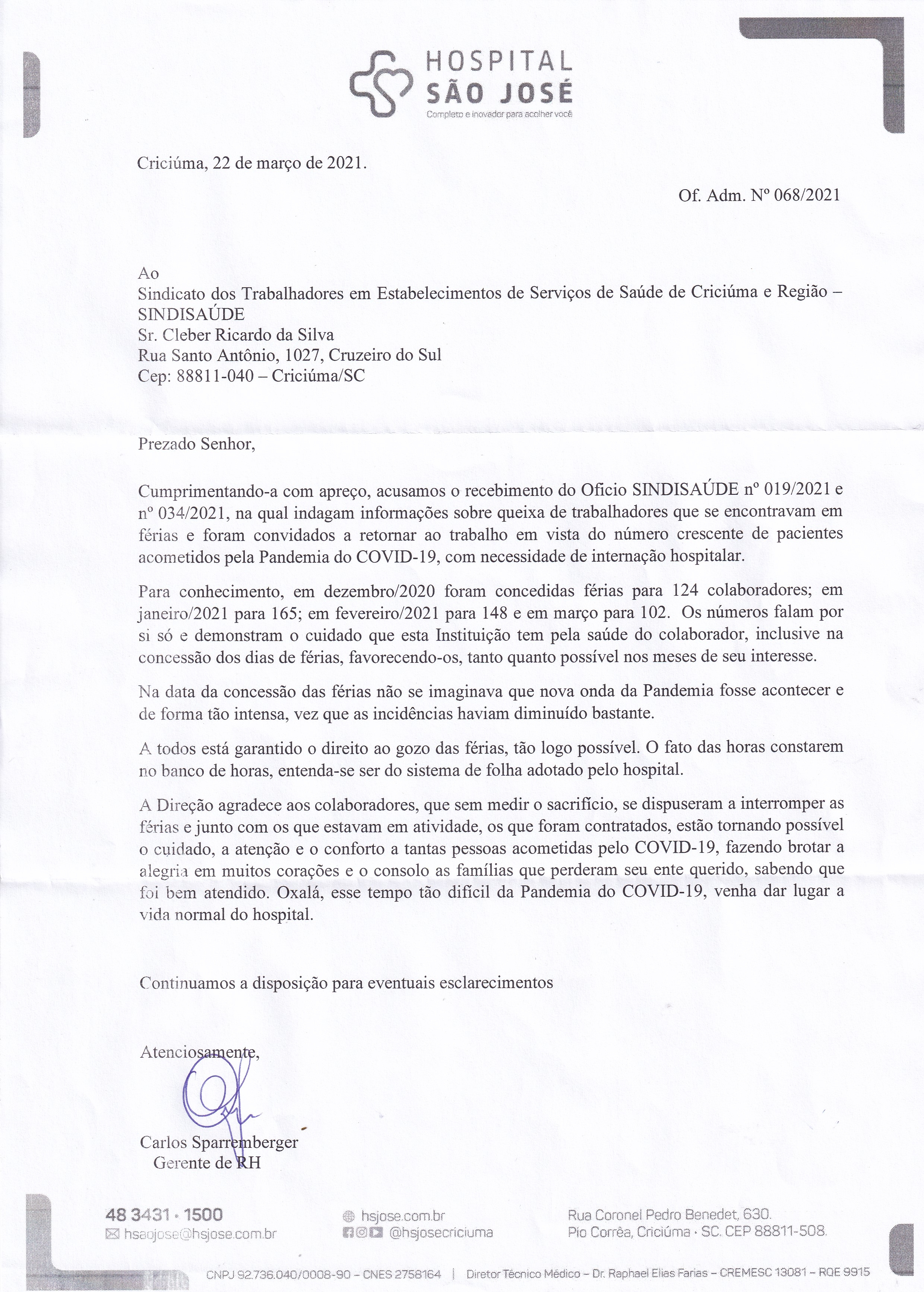 OFÍCIO RESPOSTA HOSPITAL SÃO JOSÉ