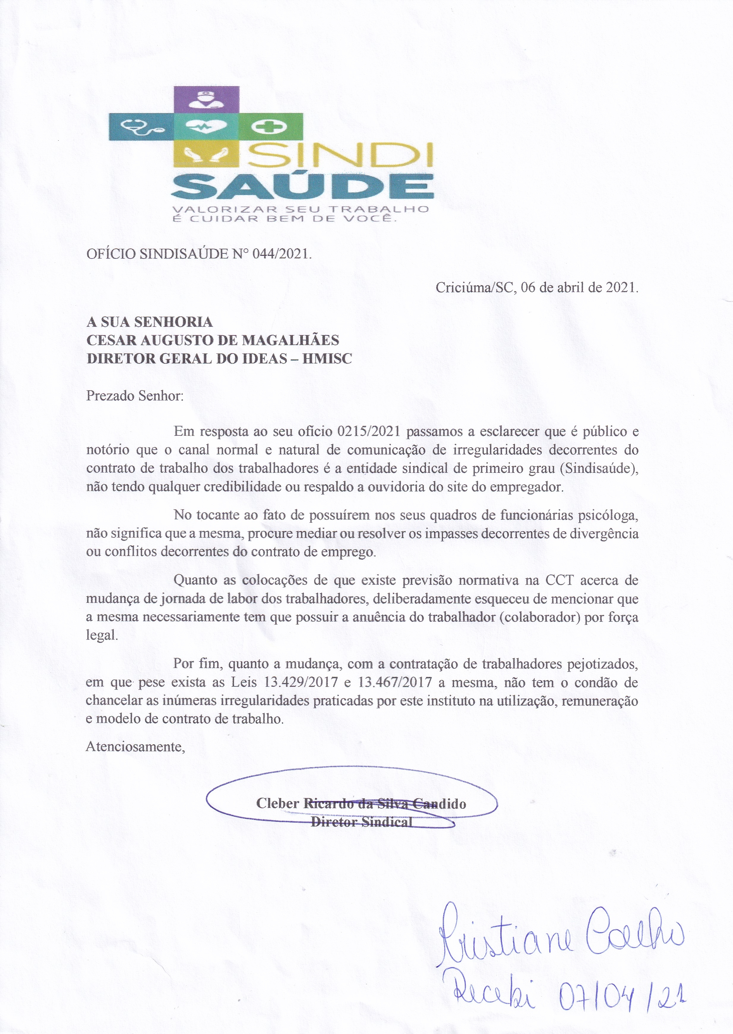 Ofícios encaminhados aos hospitais: IDEAS - HMISC, São Donato de Içara, São José e São João Batista