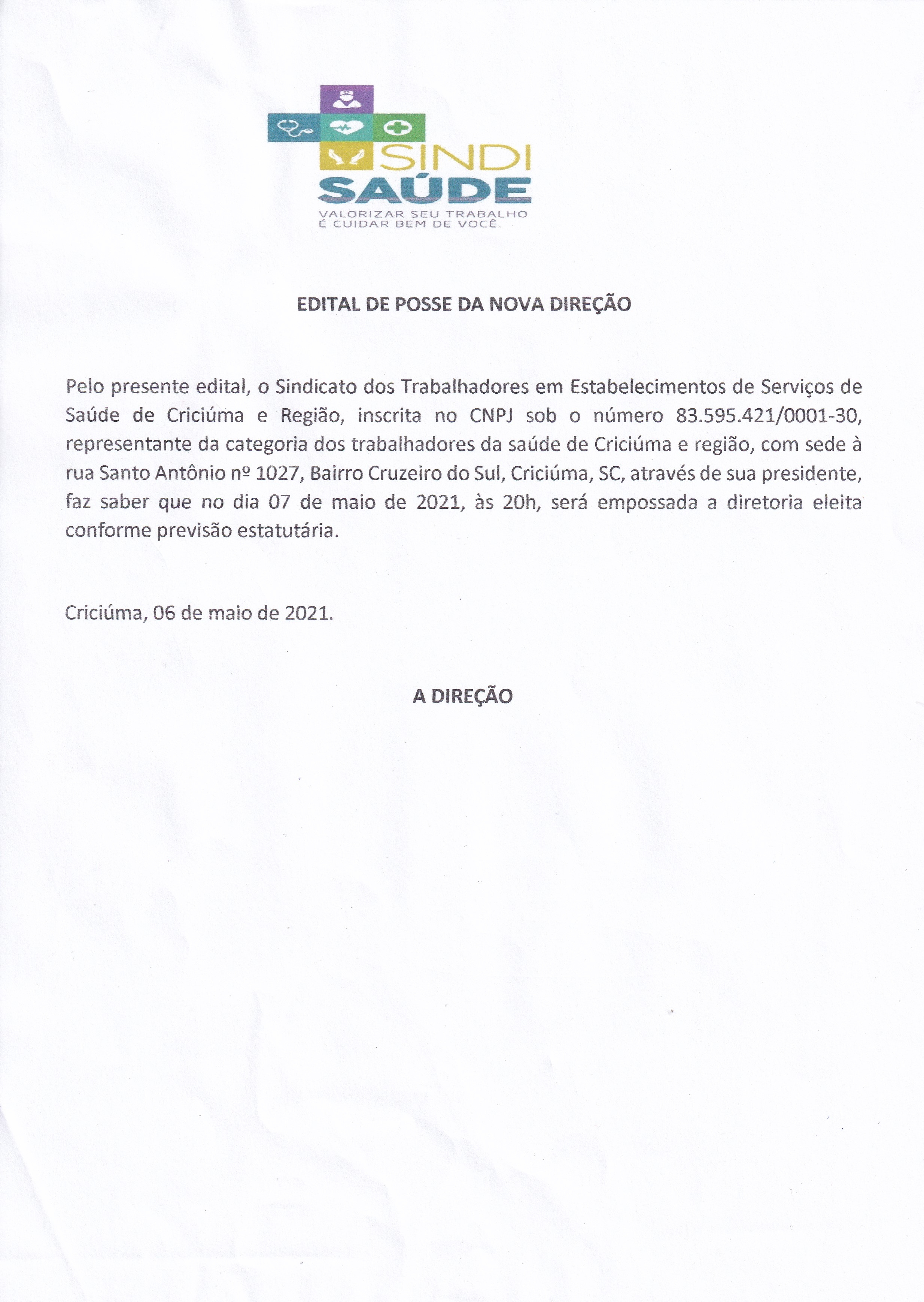 EDITAL POSSE NOVA DIRETORIA DO SINDISAÚDE