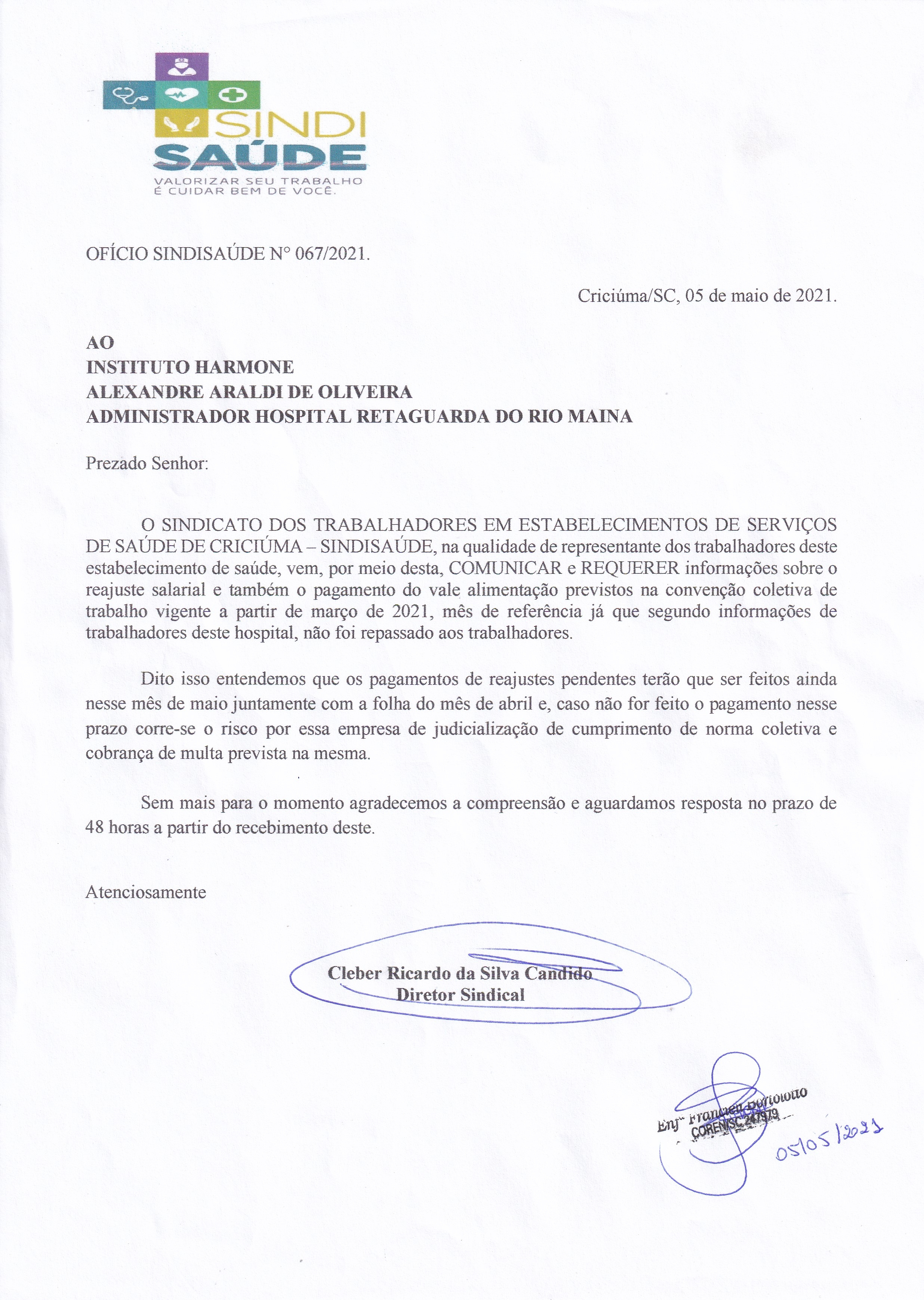 OFÍCIO ENCAMINHADO INSTITUTO HARMONE HOSPITAL RETAGUARDA DO RIO MAINA