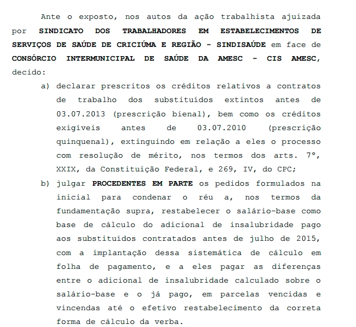 JUÍZA DETERMINA QUE CISAMESC PAGUE INSALUBRIBRIDADE SOBRE O SALÁRIO BASE