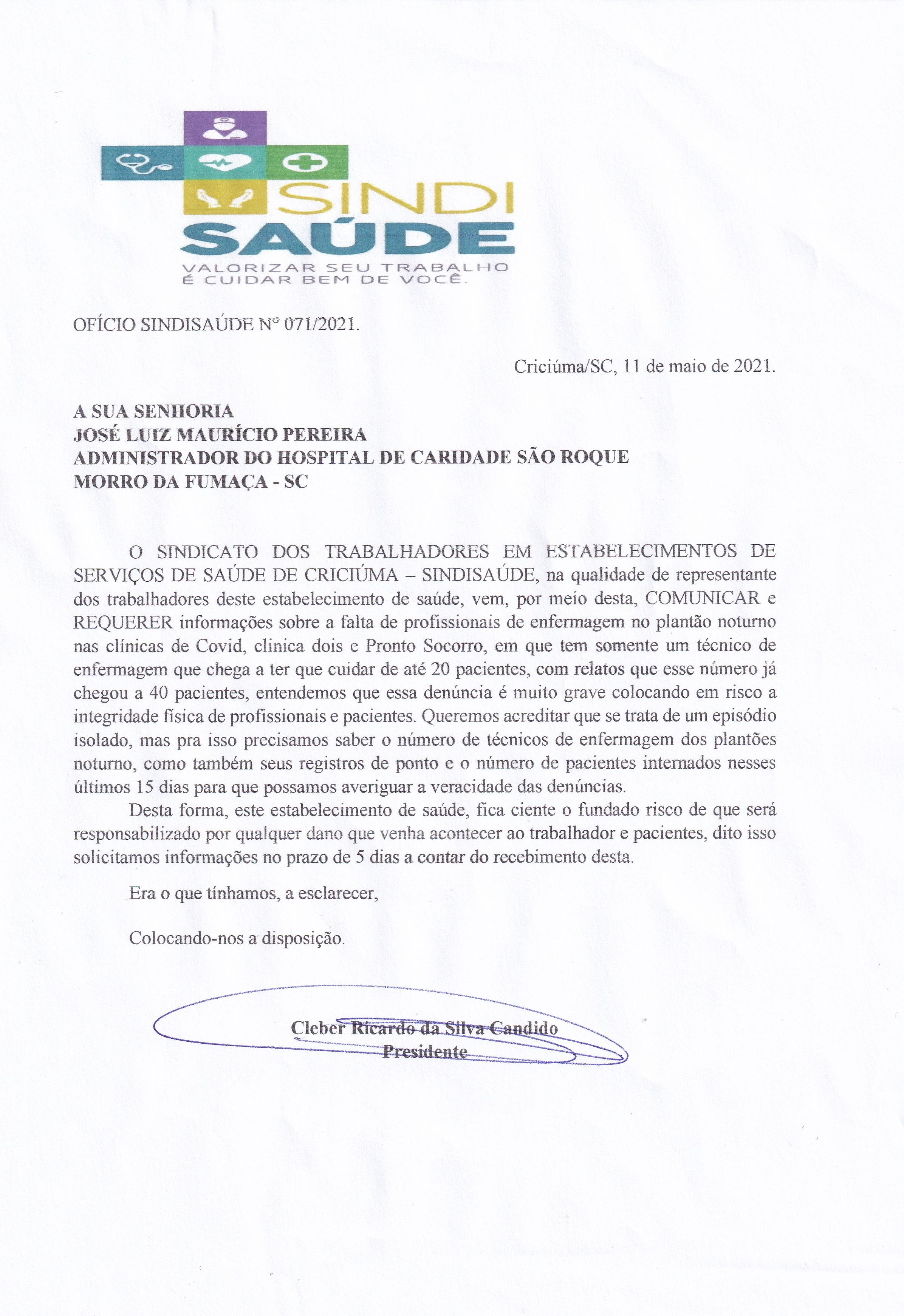 OFÍCIO ENCAMINHADO AO HOSPITAL DE CARIDADE SÃO ROQUE DE MORRO DA FUMAÇA