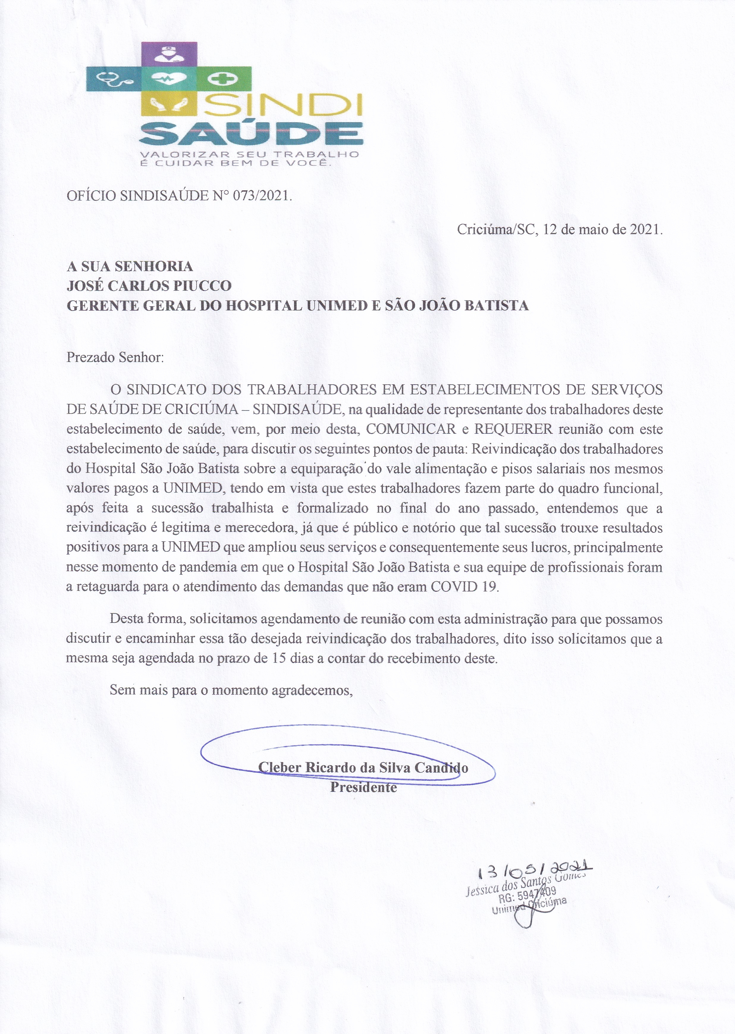 OFÍCIOS ENCAMINHADOS AOS HOSPITAIS UNIMED E SÃO JOÃO BATISTA