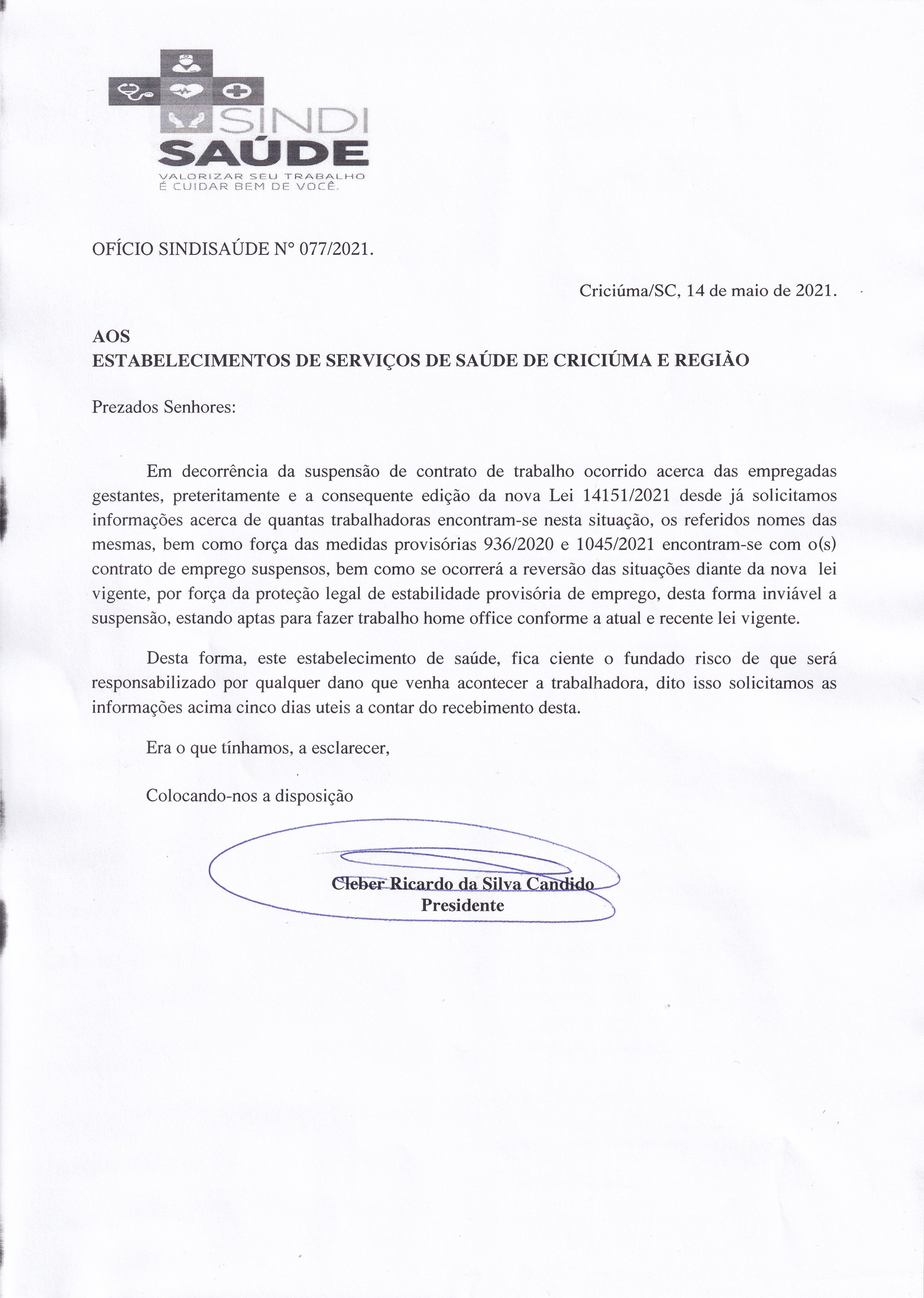 Ofício encaminhado as empresas sobre nova lei das trabalhadoras gestantes