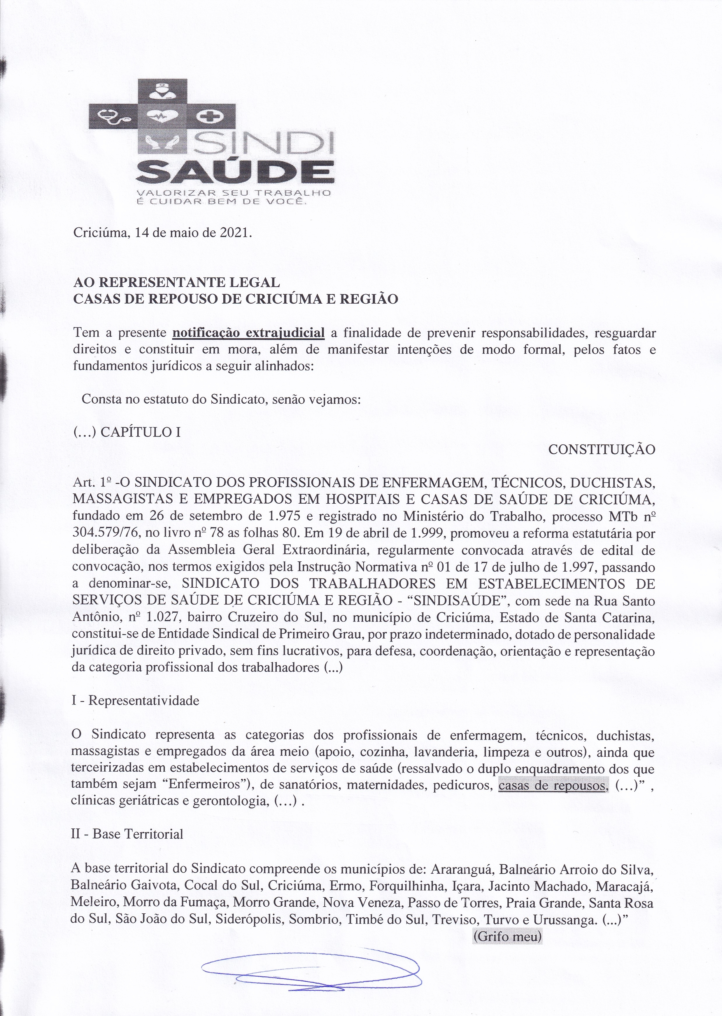 Notificação extrajudicial encaminhada as Casas de Repouso 