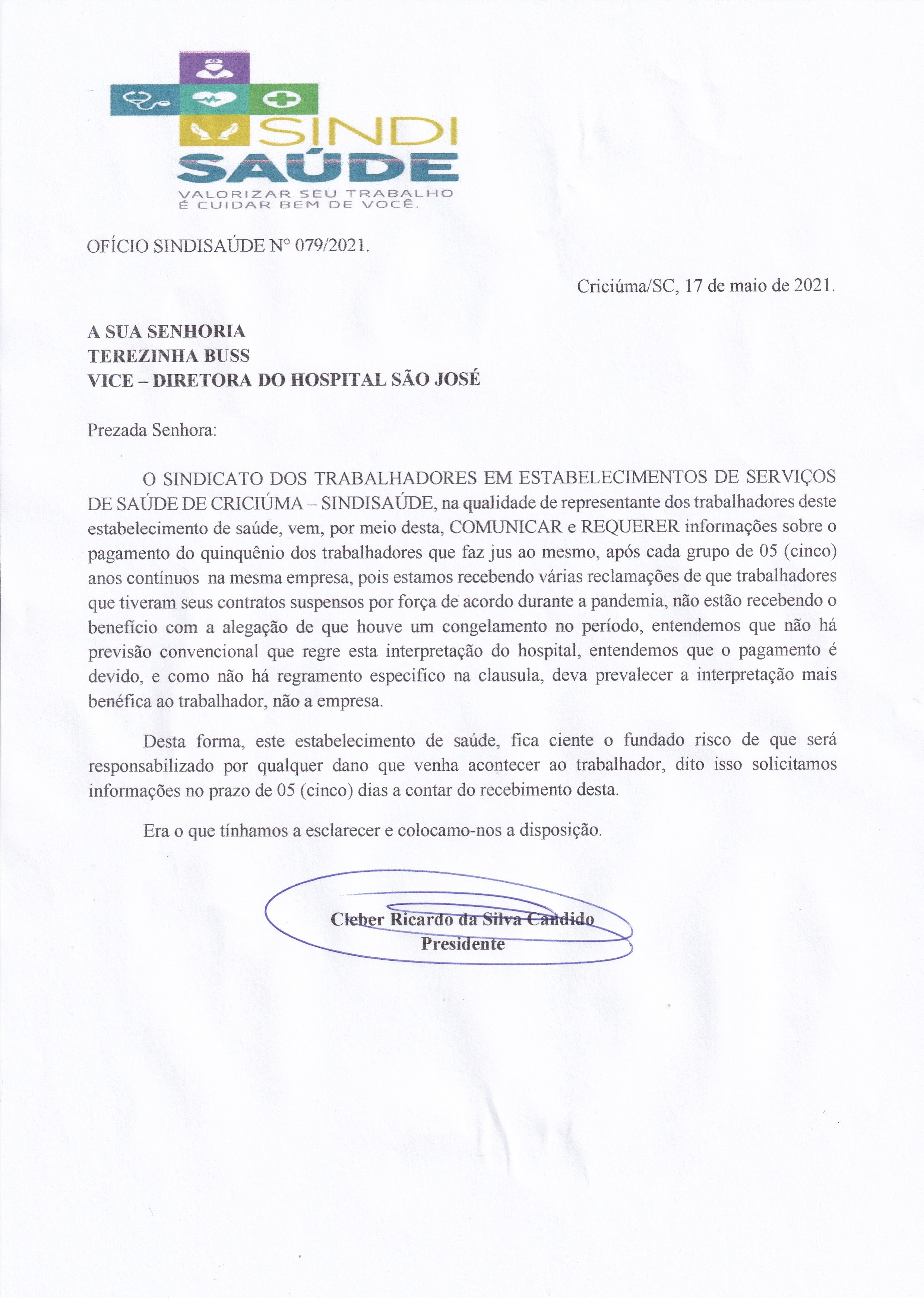 OFÍCIO ENCAMINHADO AO HOSPITAL SÃO JOSÉ