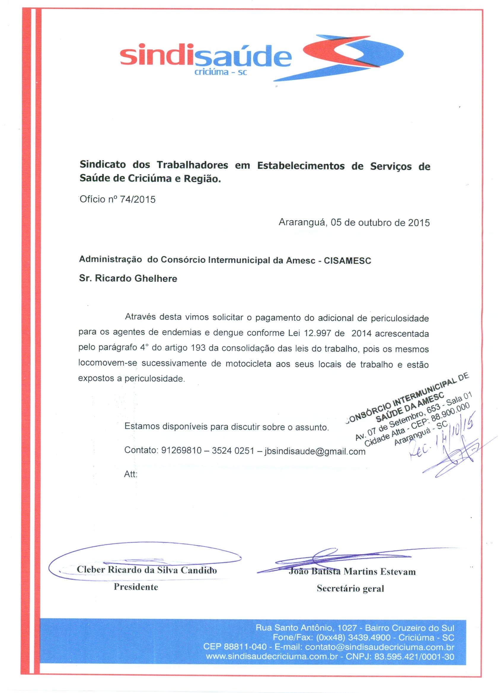 Oficio encaminhado a CISAMESC