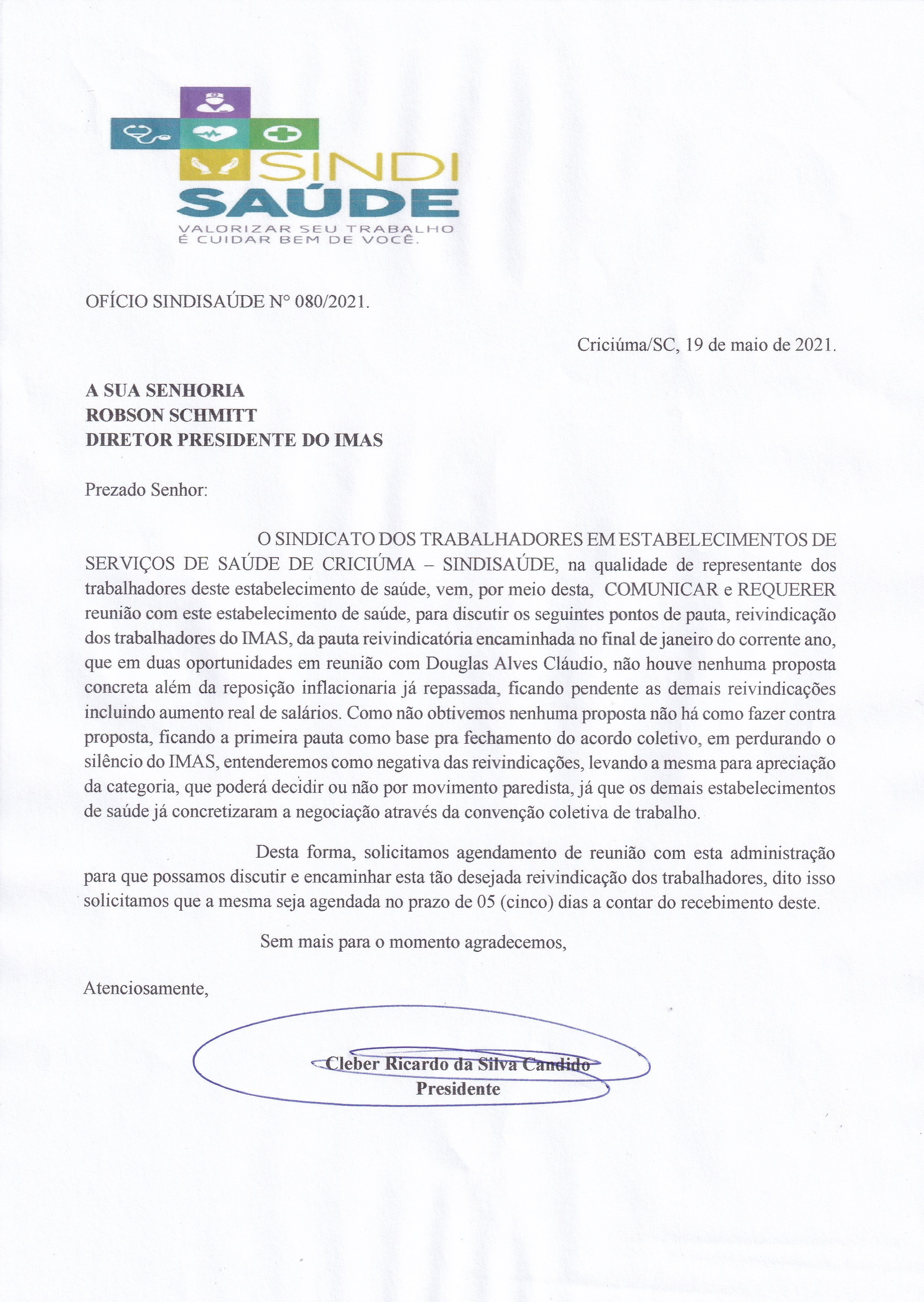 OFÍCIO ENCAMINHADO AO IMAS SOBRE NEGOCIAÇÃO DO ACORDO COLETIVO