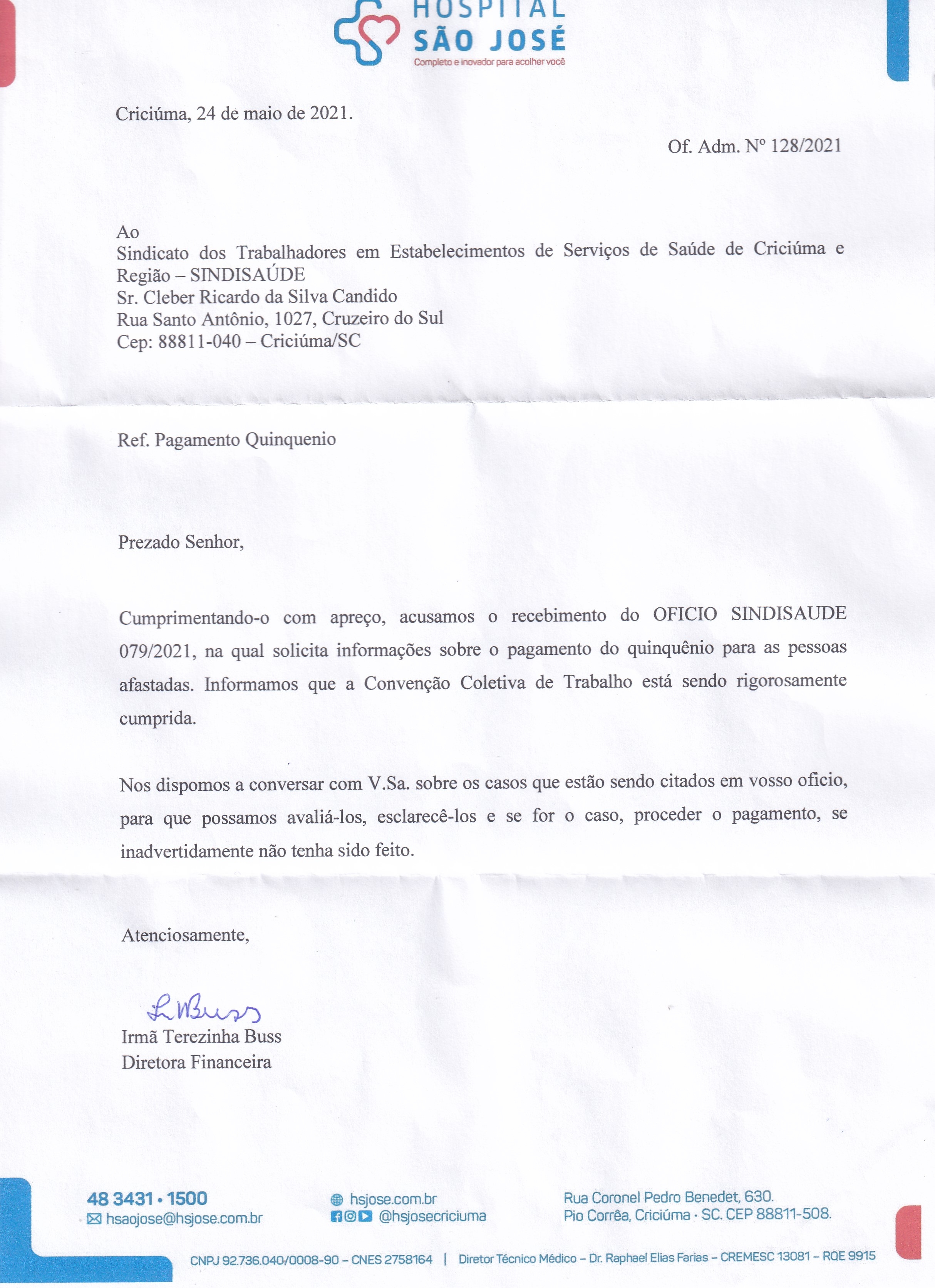 OFÍCIO RESPOSTA HOSPITAL SÃO JOSÉ SOBRE PAGAMENTO DO QUINQUENIO AOS TRABALHADORES AFASTADOS