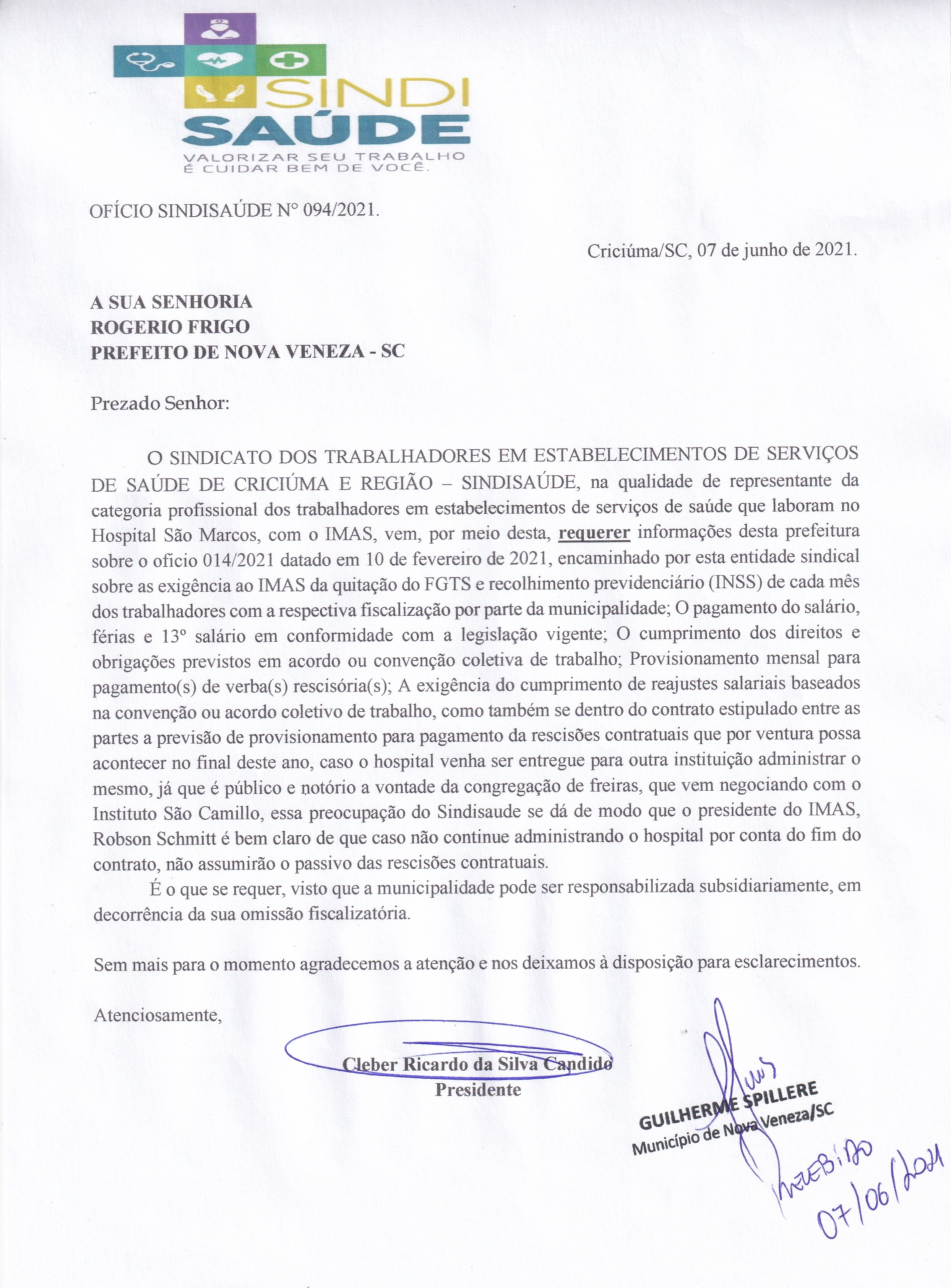 Ofício encaminhado a prefeitura de Nova Veneza 