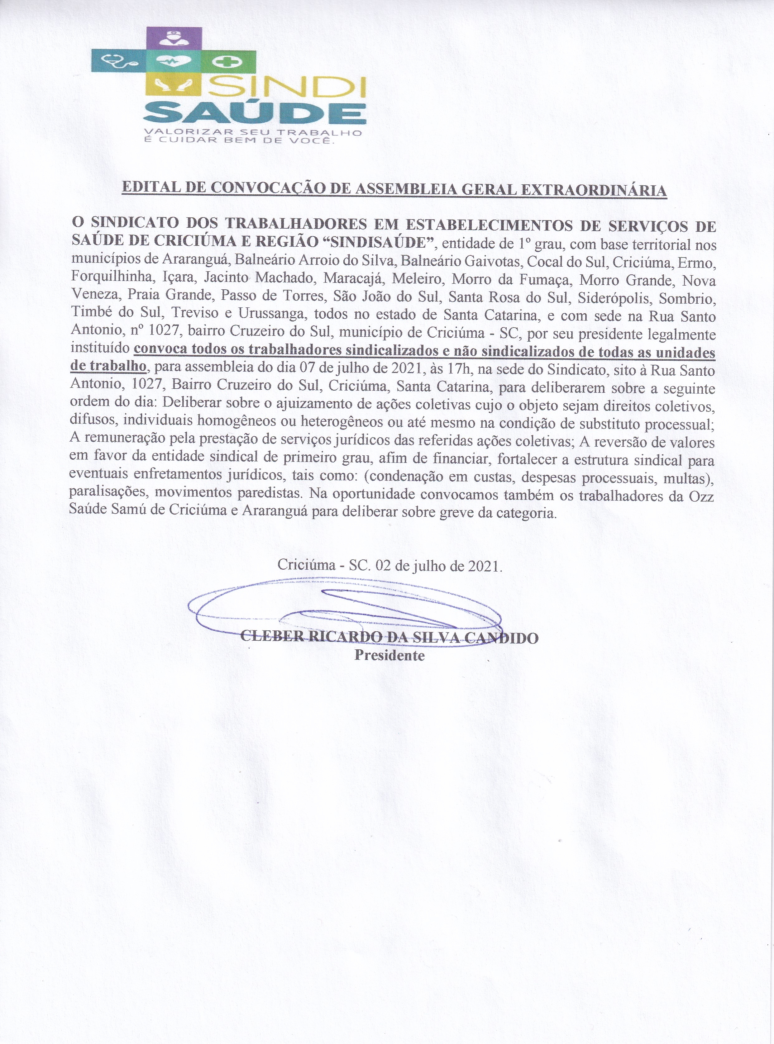 EDITAL DE CONVICAÇÃO ASSEMBLEIA GERAL EXTRAORDINARIA