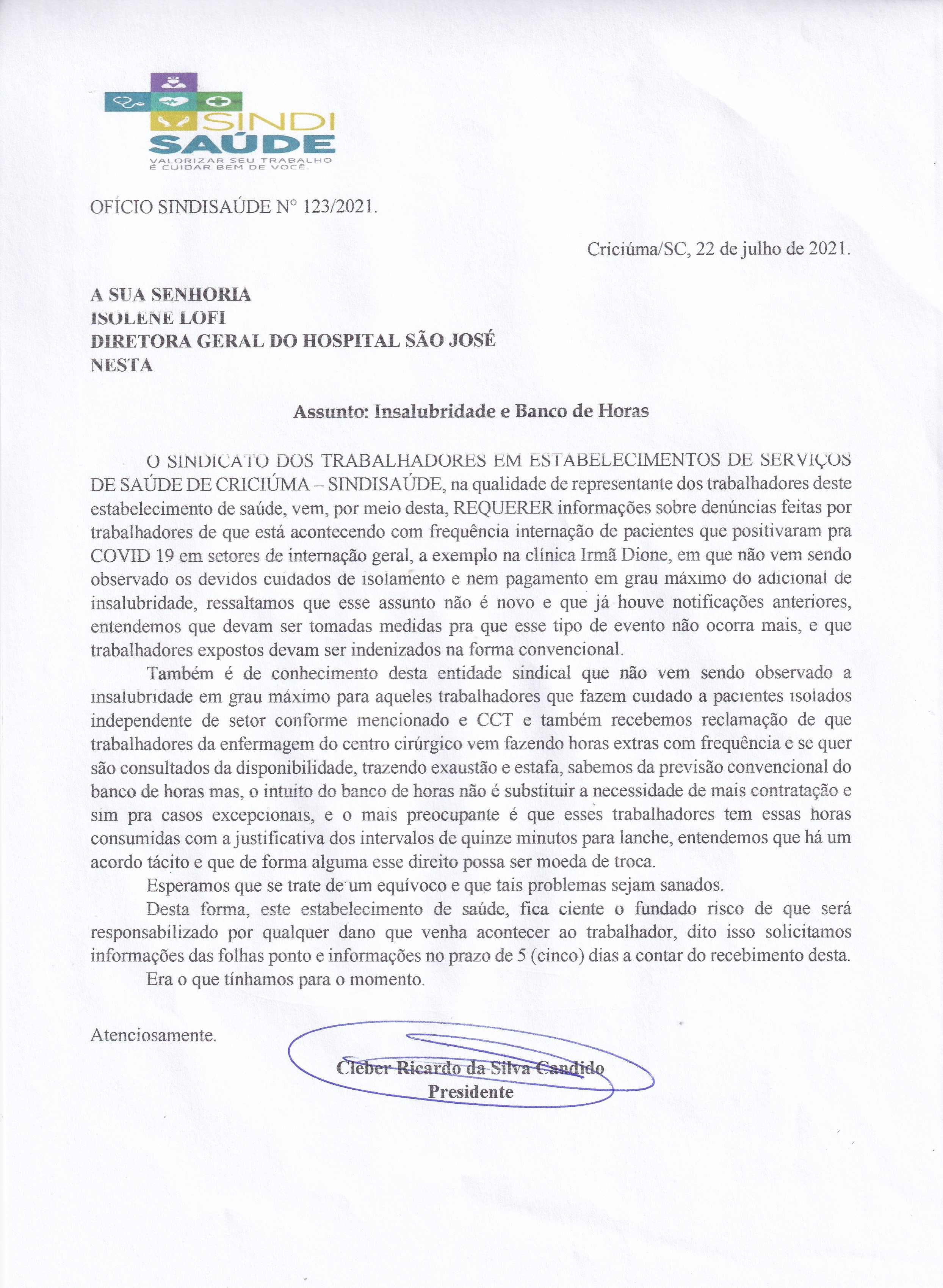 Ofício encaminhado ao Hospital São José