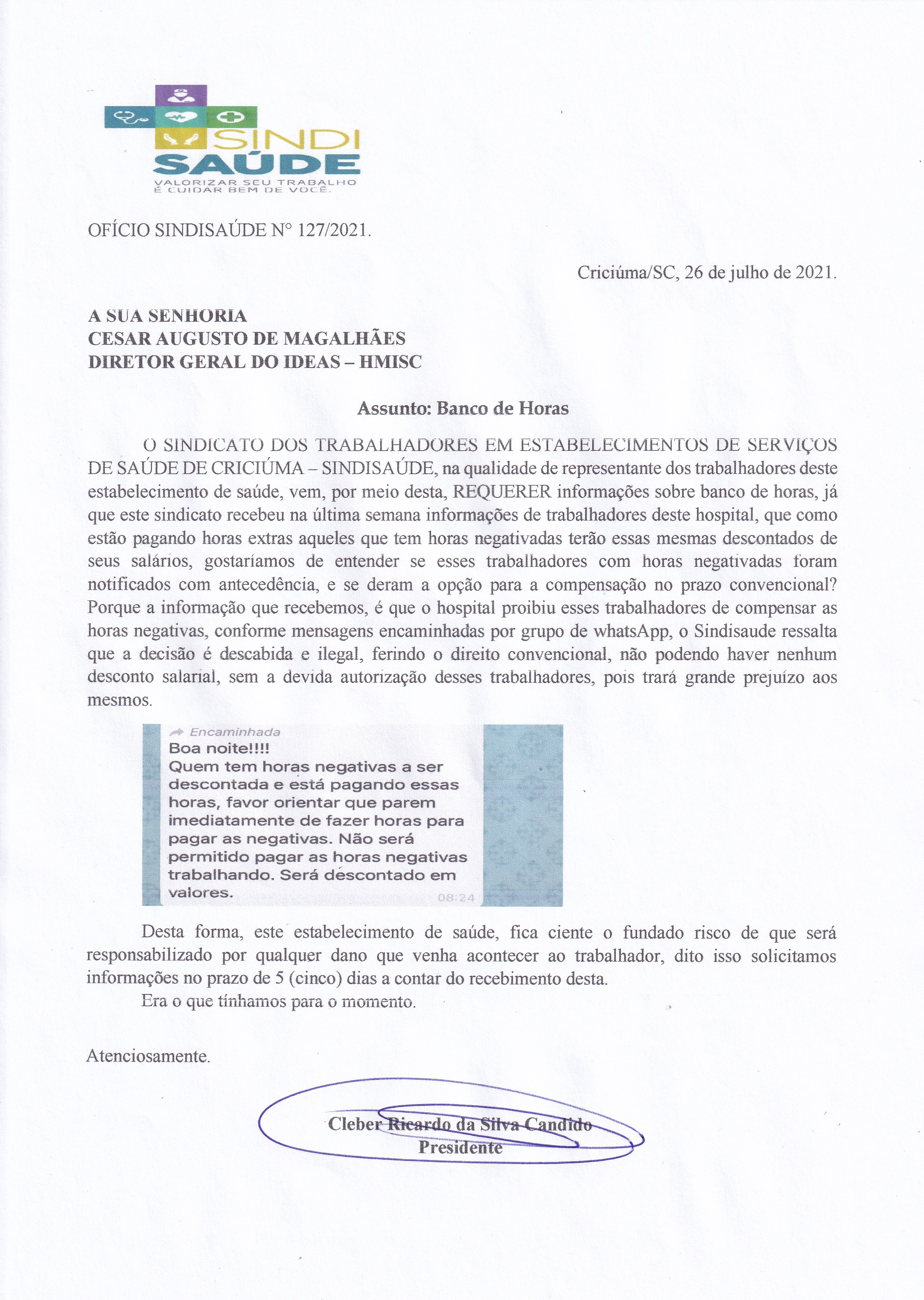 Ofício encaminhado ao IDEAS - HMISC sobre banco de horas