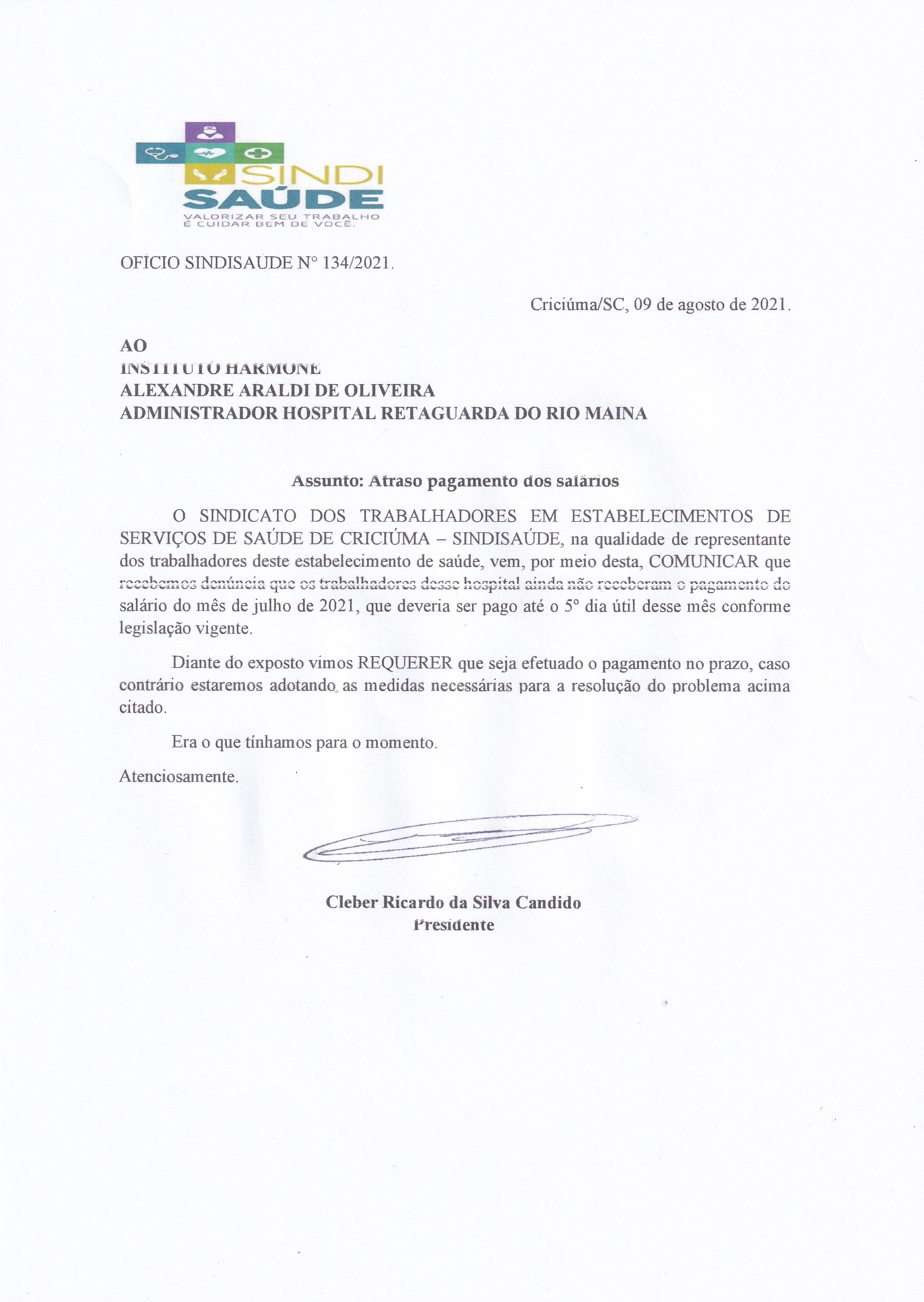 Ofício encaminhado ao Instituto Harmone Hospital retaguarda do Rio Maina