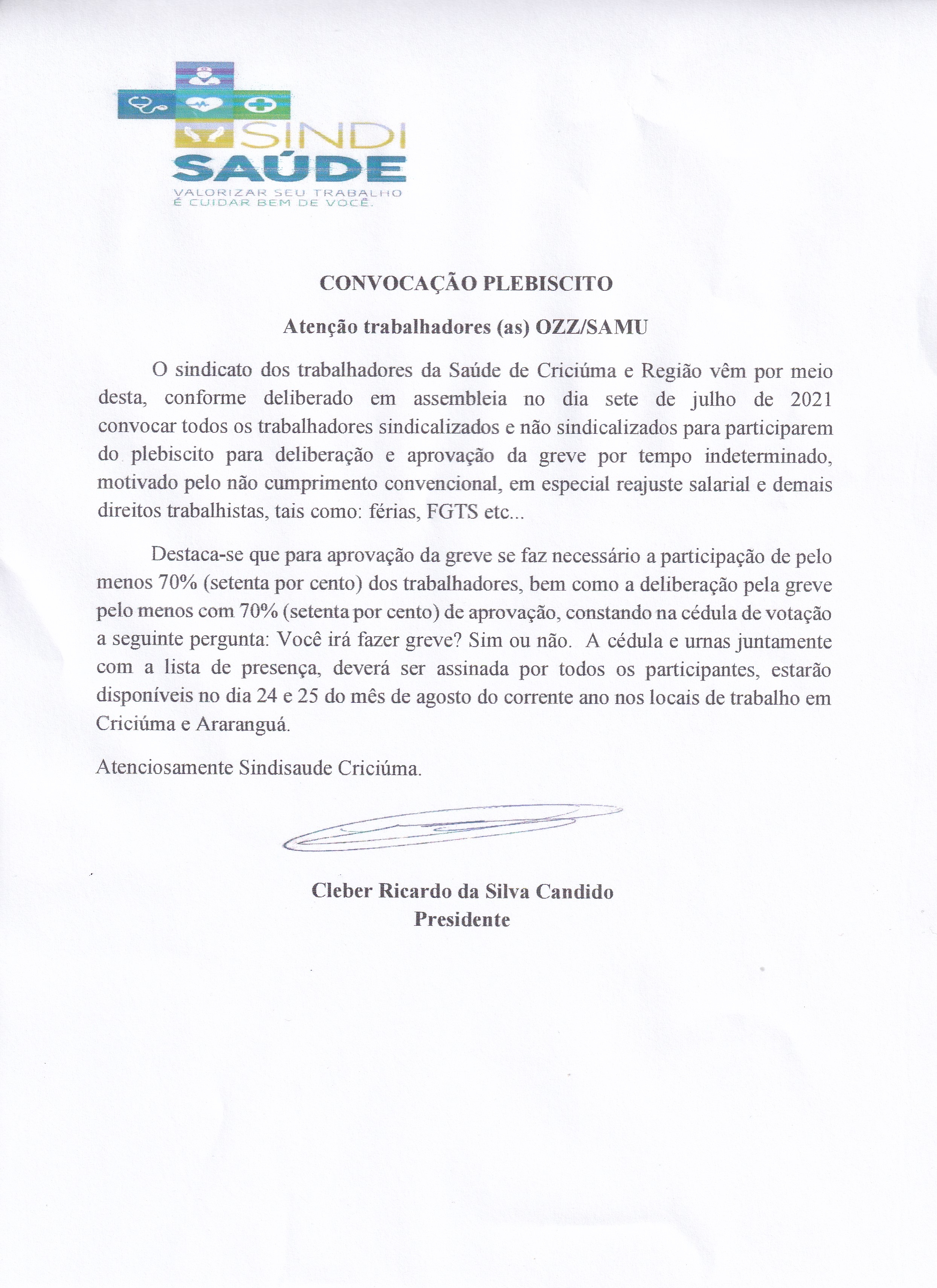 EDITAL DE CONVOCAÇÃO PLEBISCITO OZZ - SAMU