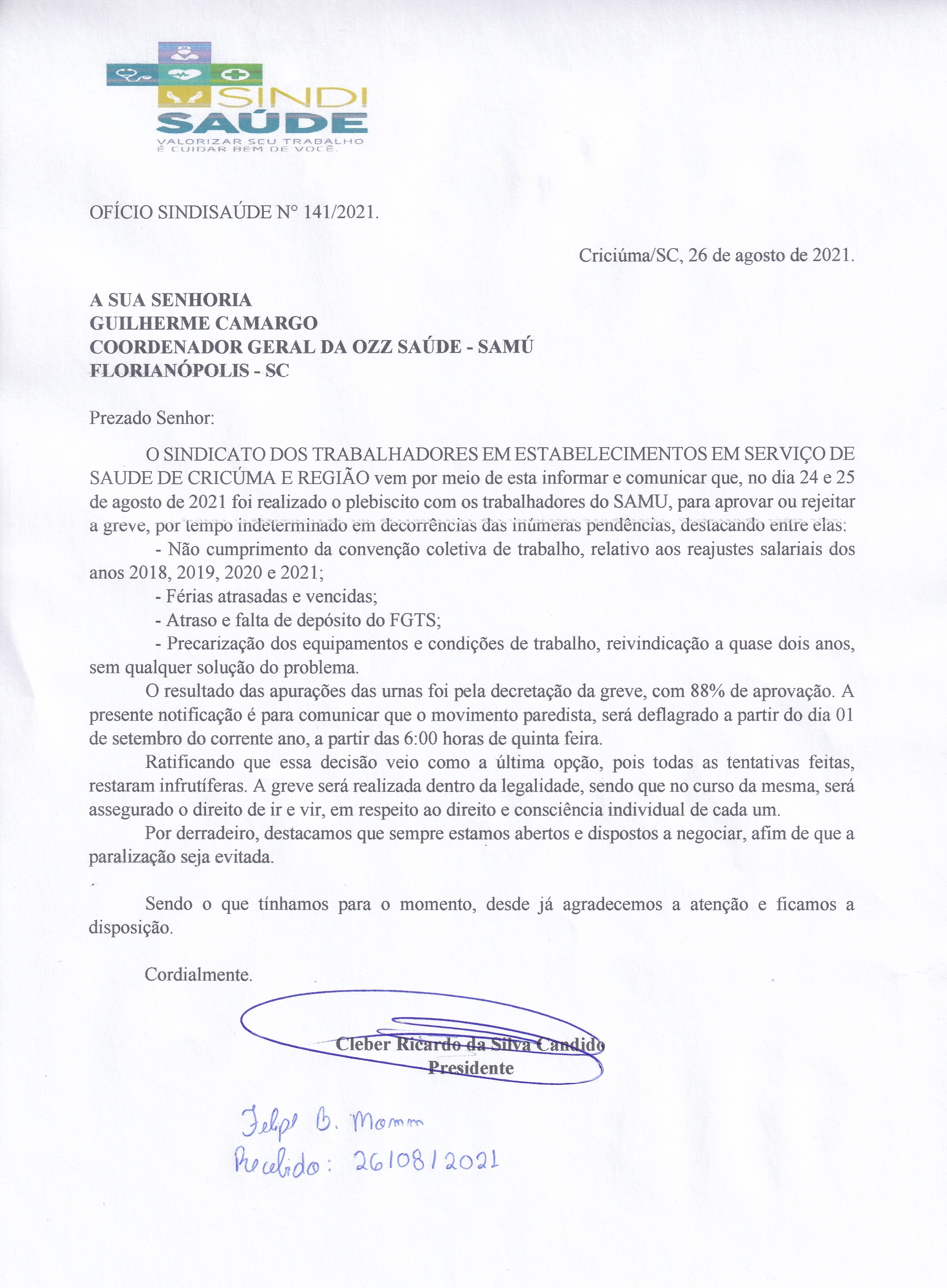OFÍCIO ENCAMINHADO A OZZ SAÚDE SOBRE GREVE DO SAMU