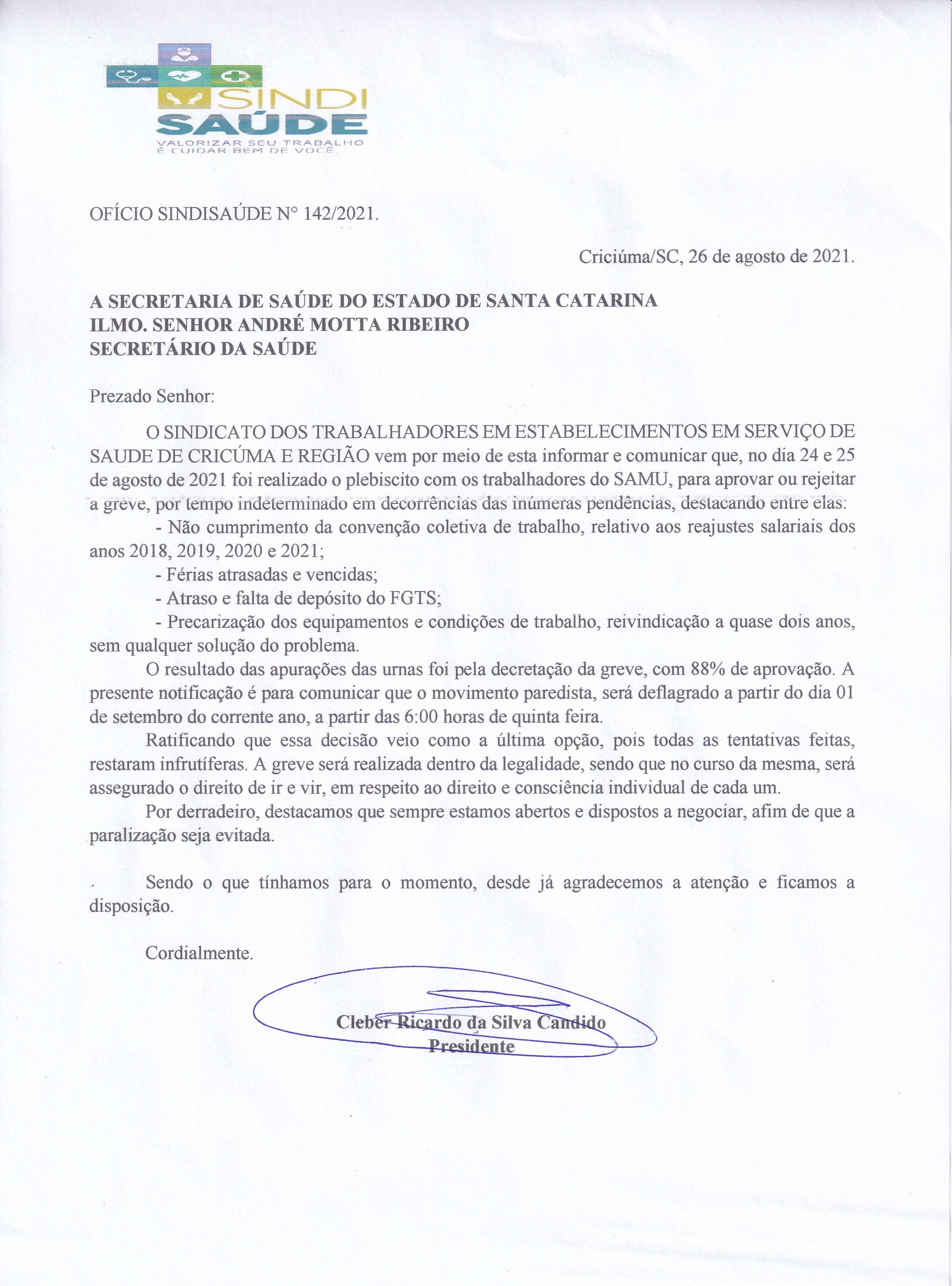 OFÍCIO ENCAMINHADO A SECRETARIA DA SAÚDE DE SC SOBRE GREVE DO SAMU
