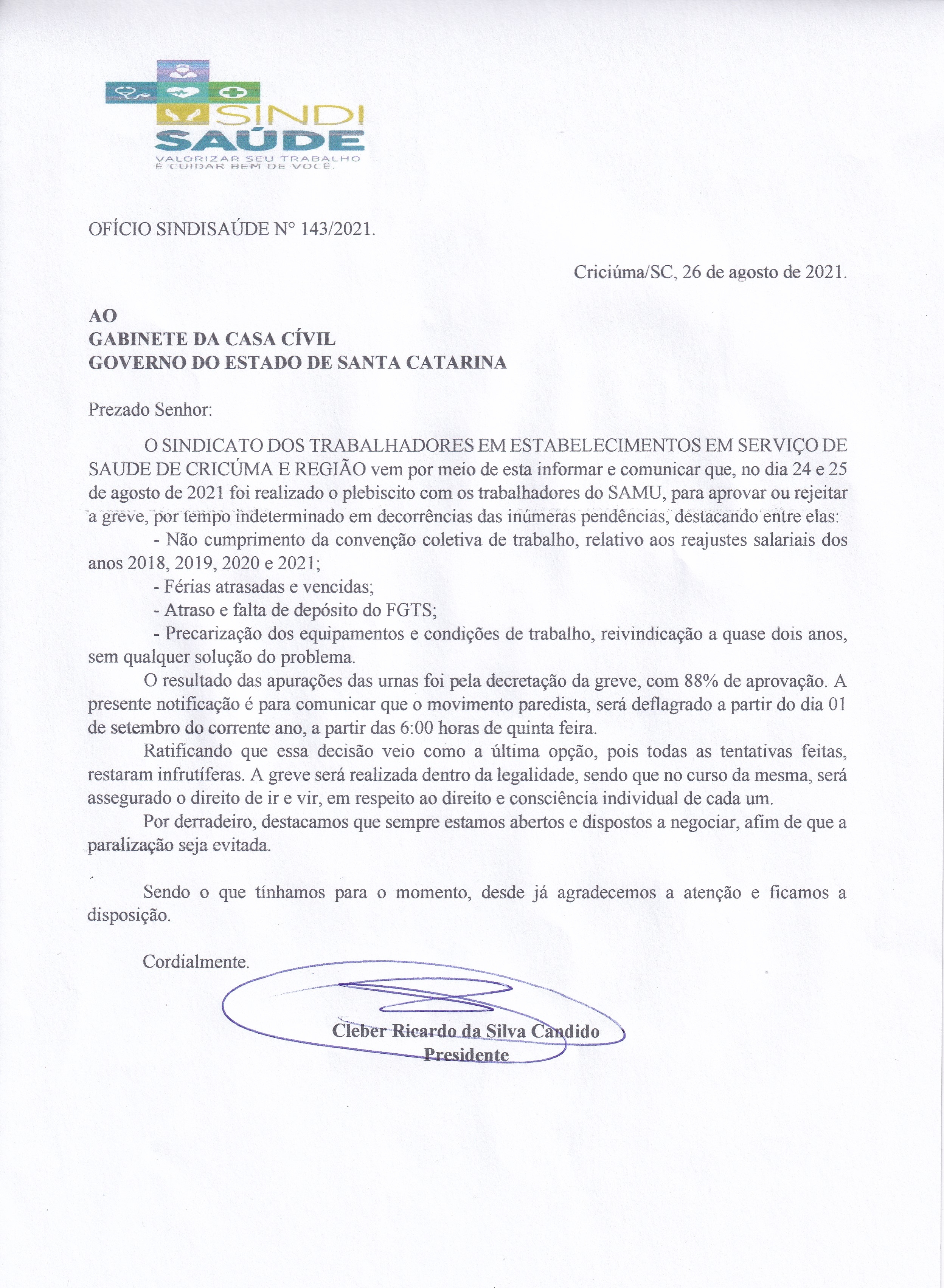 OFÍCIO ENCAMINHADO AO GABINETE CASA CIVIL DE SC SOBRE GREVE DO SAMU