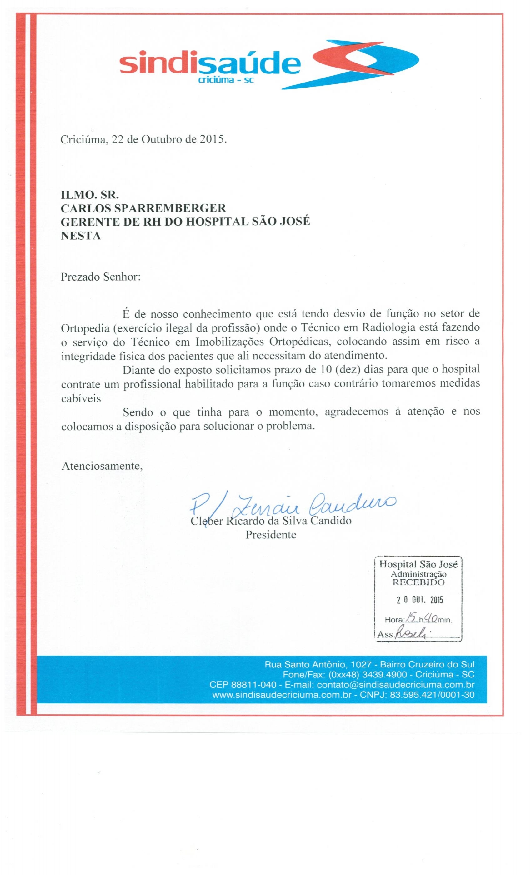 Oficio encaminhado ao Hospital São José