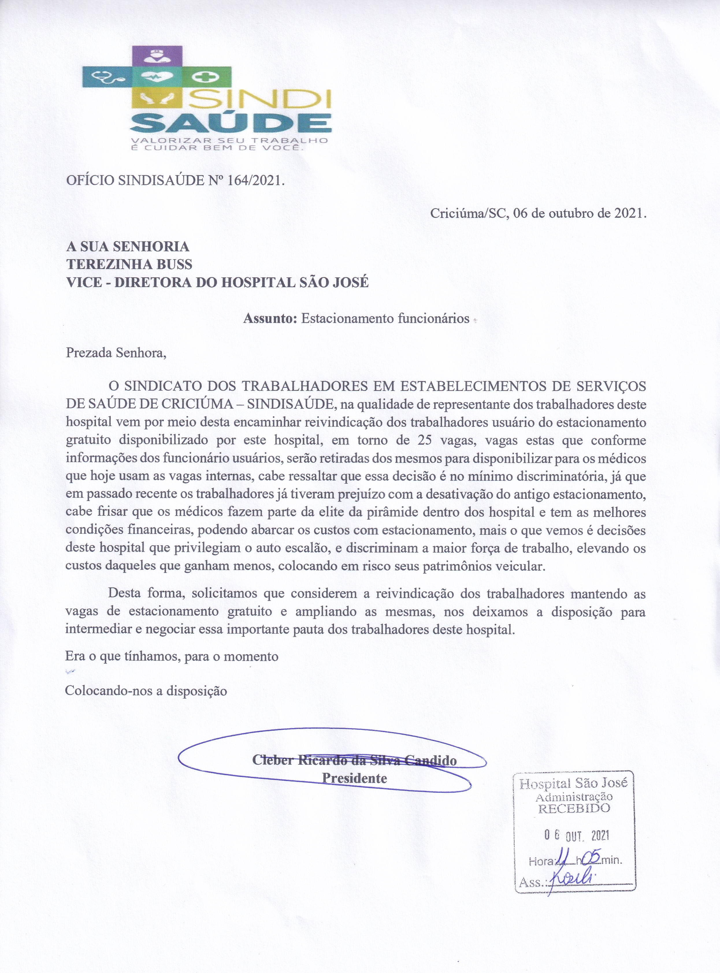 Ofício encaminhado ao Hospital São José sobre Estacionamento funcionários