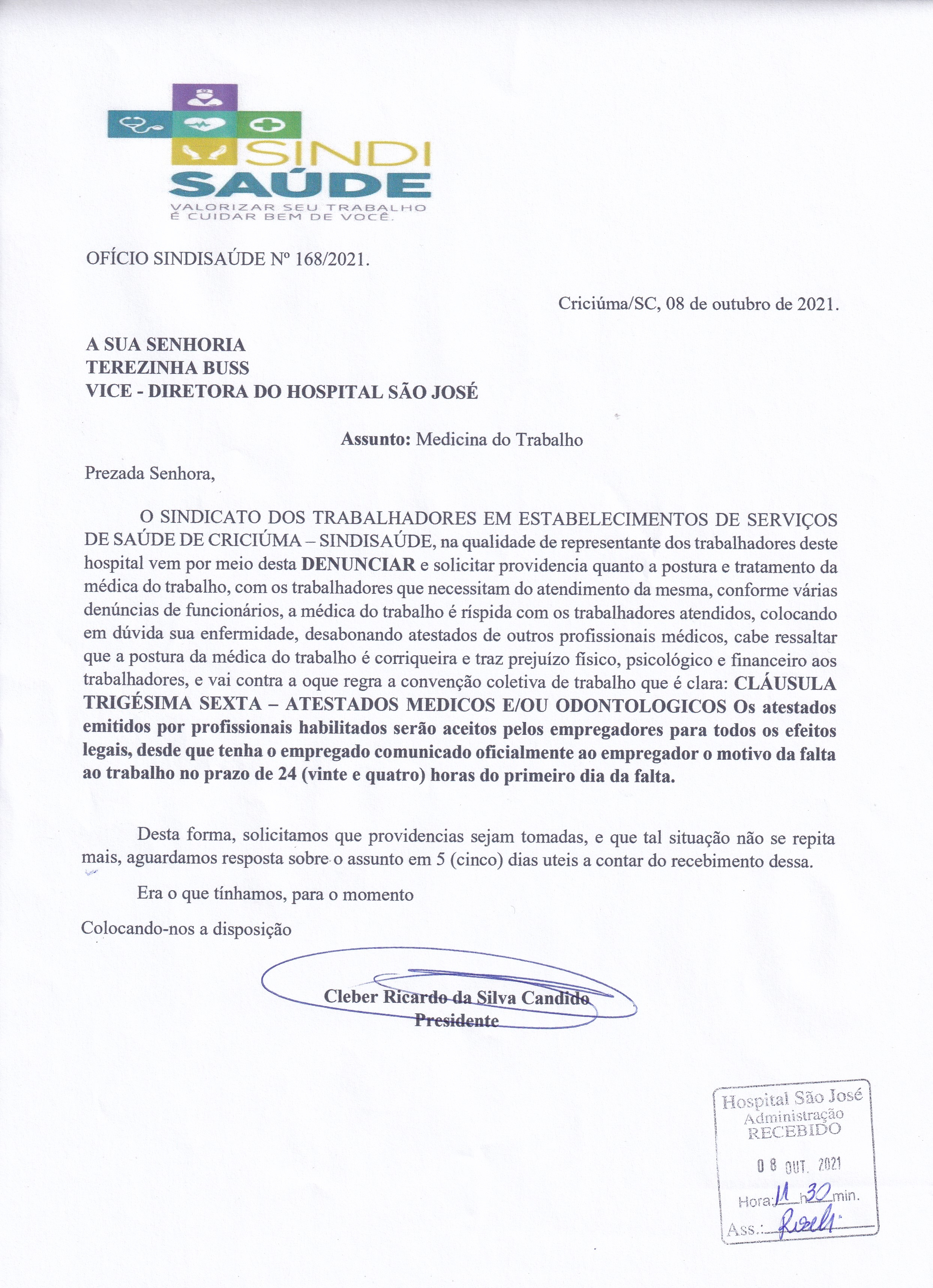 Ofício encaminhado ao Hospital São José sobre Medicina do Trabalho