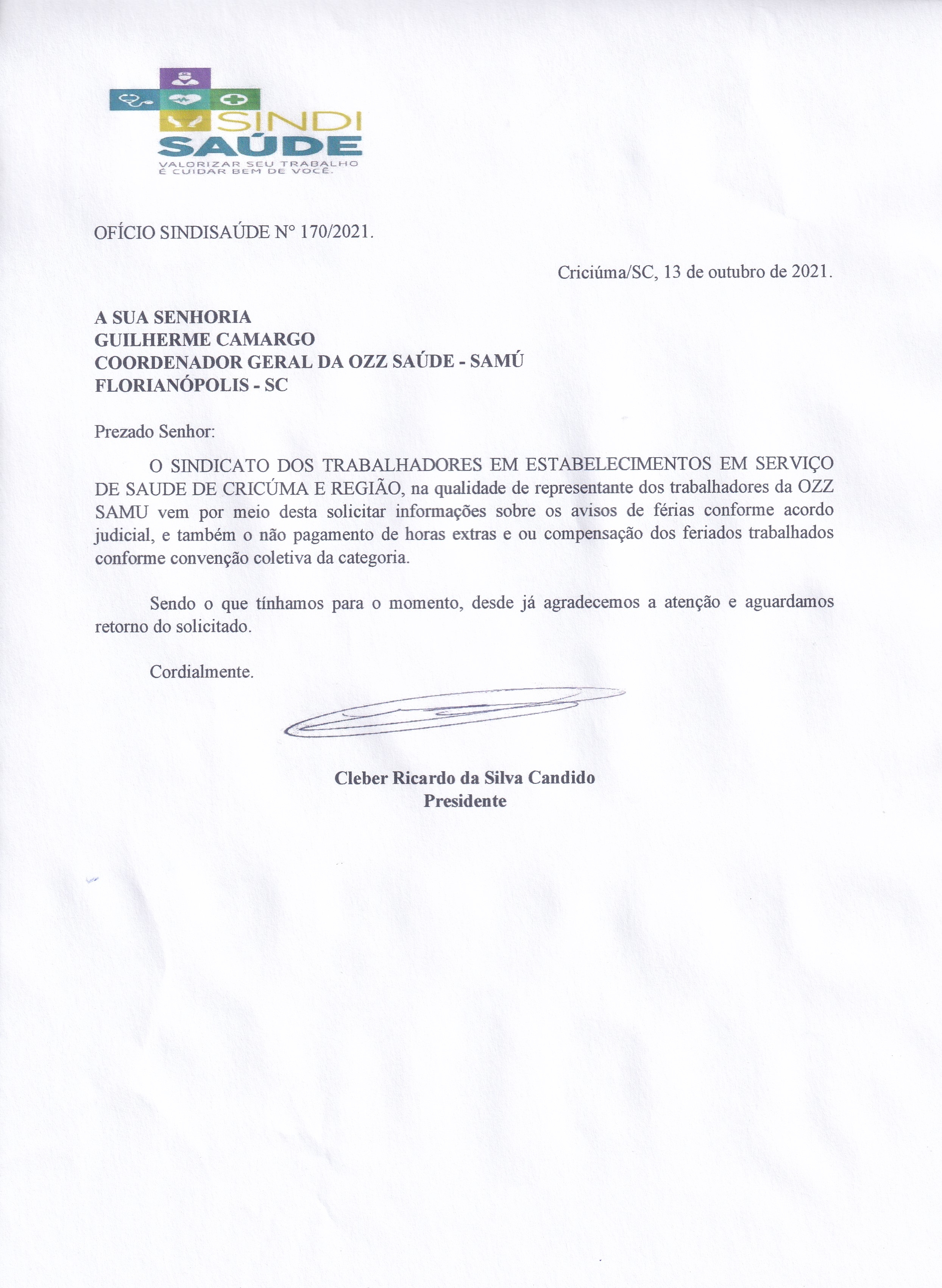 Ofício encaminhado a Ozz Saúde Samú sobre aviso de férias e pagamento de horas extras