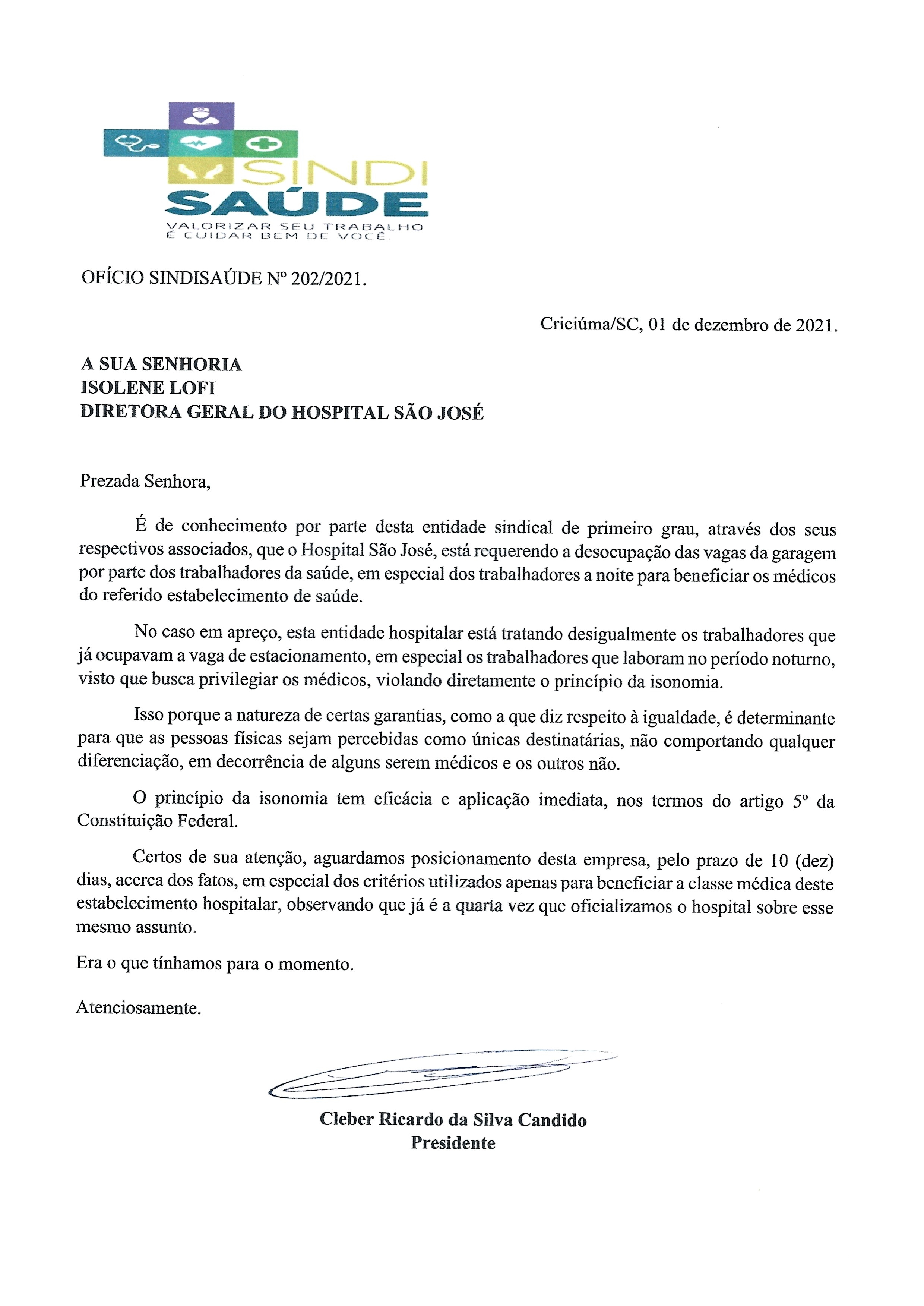 Ofício encaminhado ao Hospital São José sobre estacionamento
