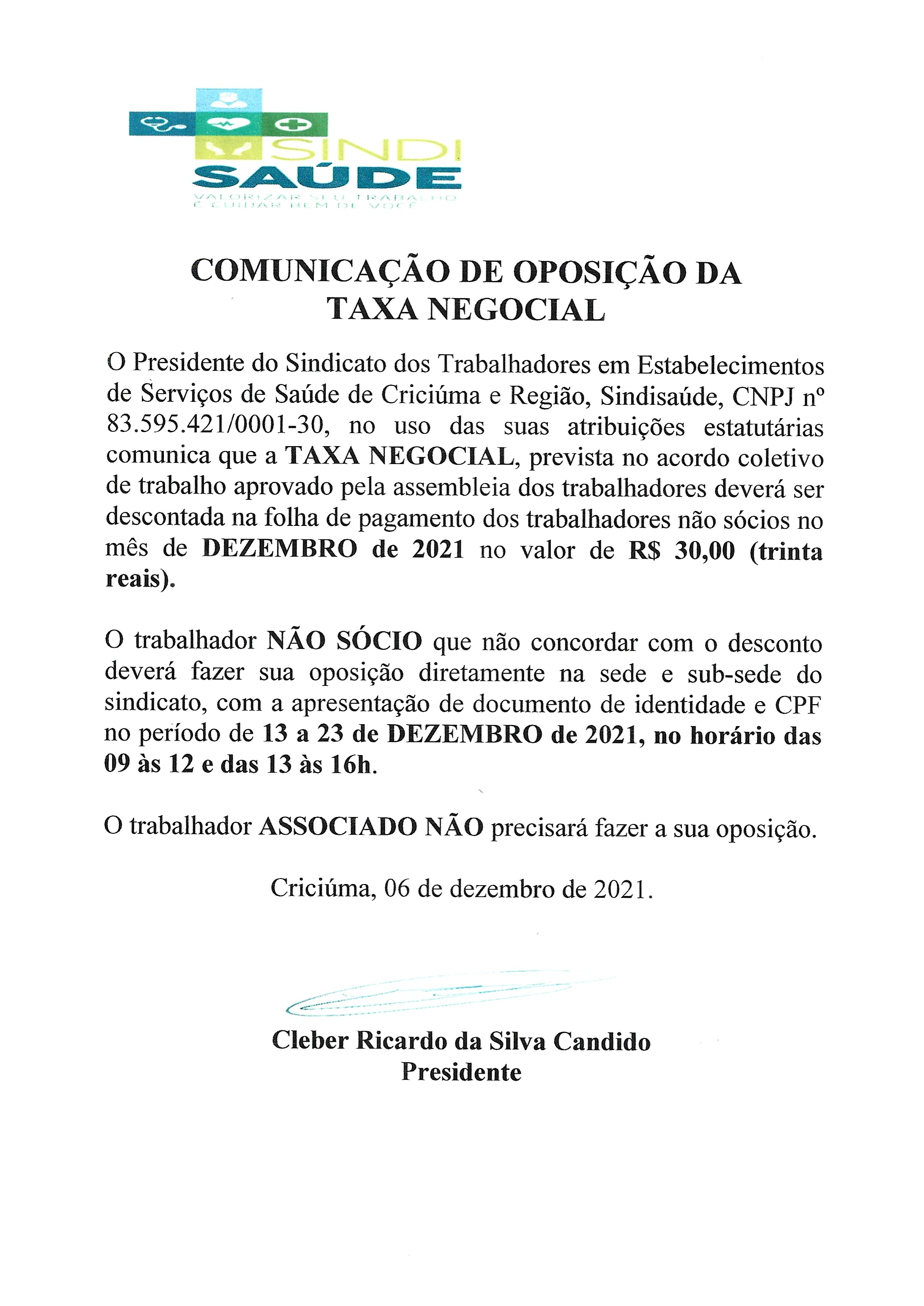 Edital desconto Taxa Negocial IMAS dezembro de 2021