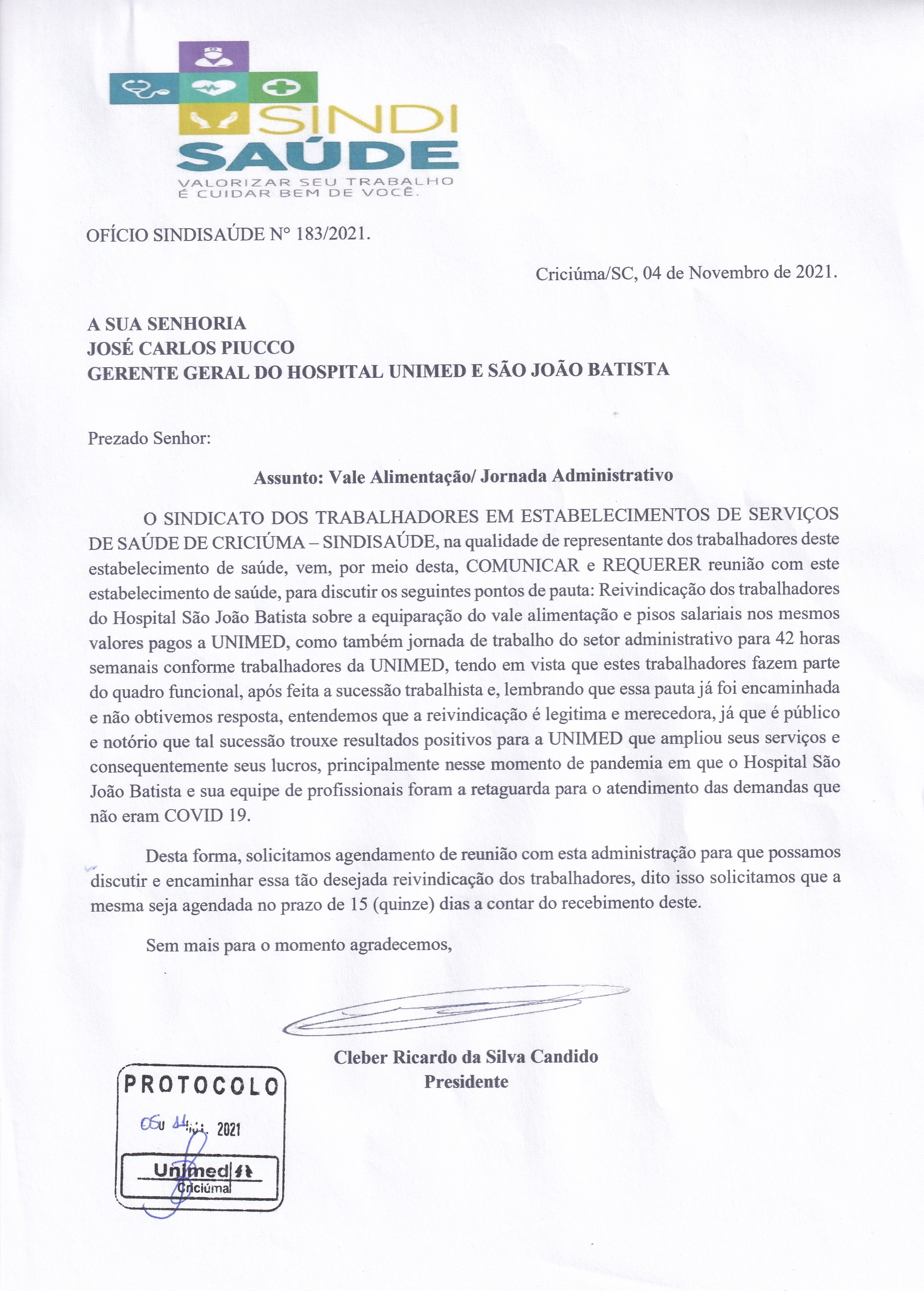 Ofício encaminhado ao Hospital Unimed e São João Batista sobre vale alimentação e jornada do administrativo
