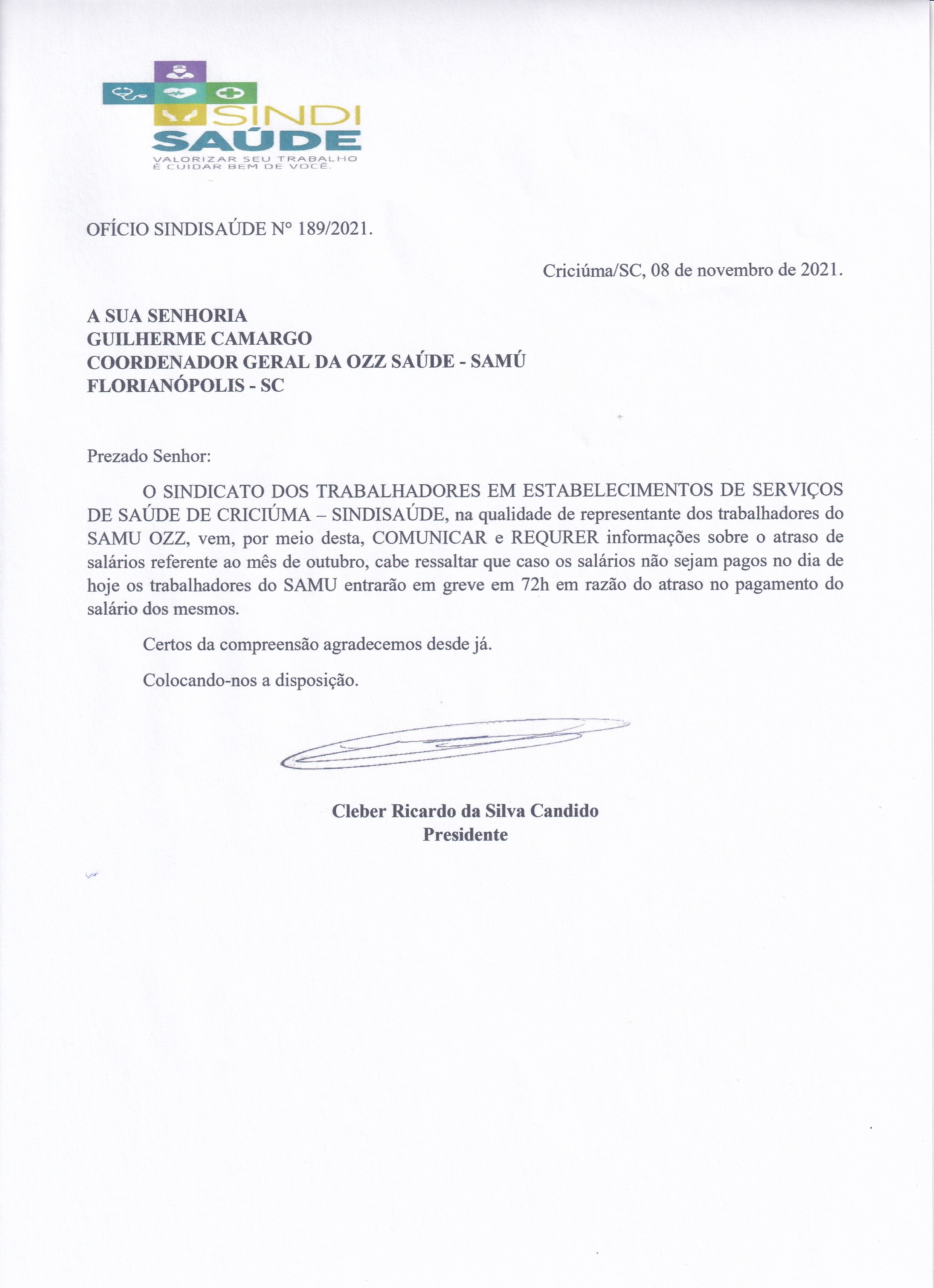 Ofício encaminhado a Ozz Saúde sobre greve Samu