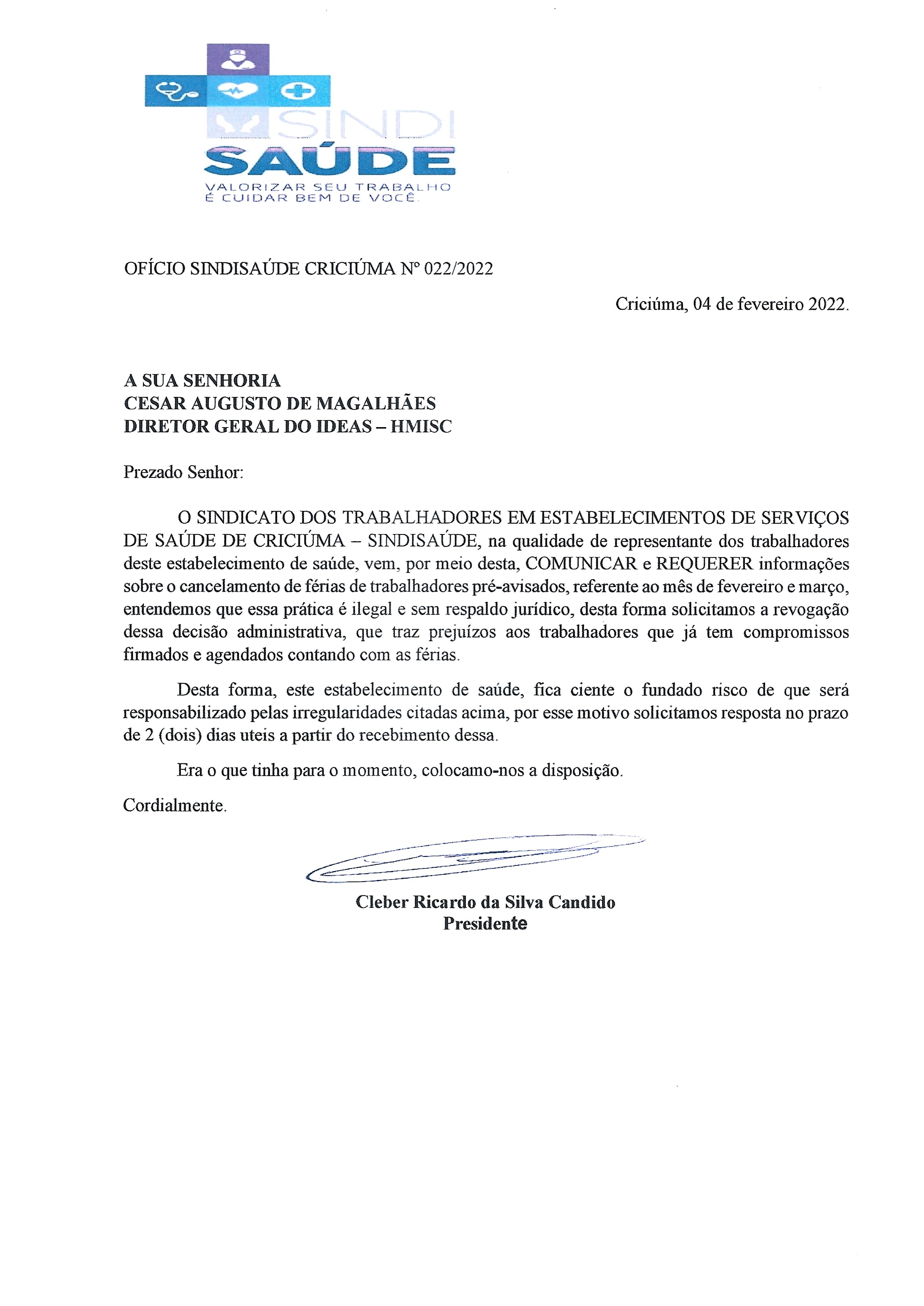 Ofício encaminhado ao Ideas - HMISC sobre cancelamento de férias