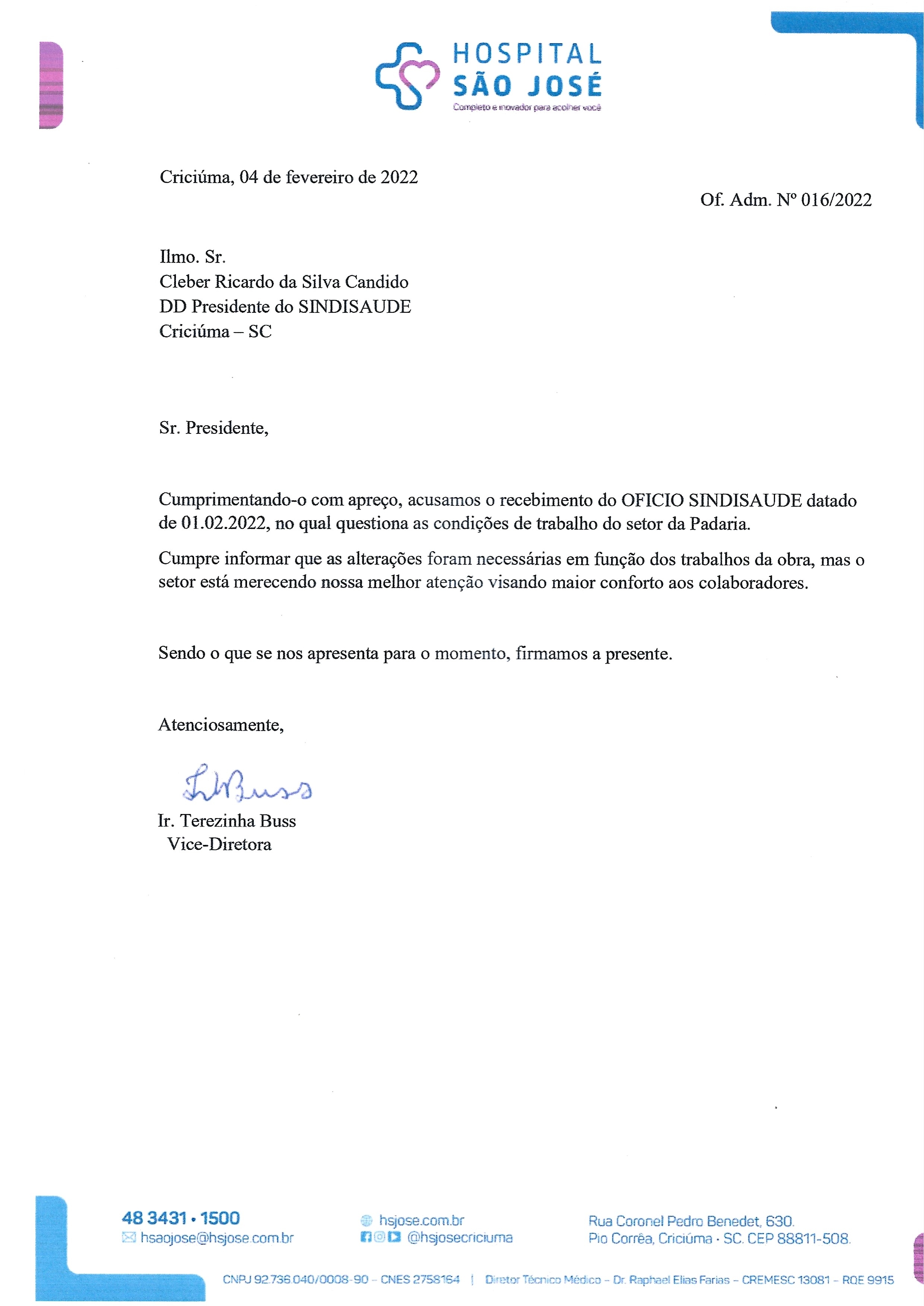 Ofício resposta Hospital São José sobre o setor de padaria 