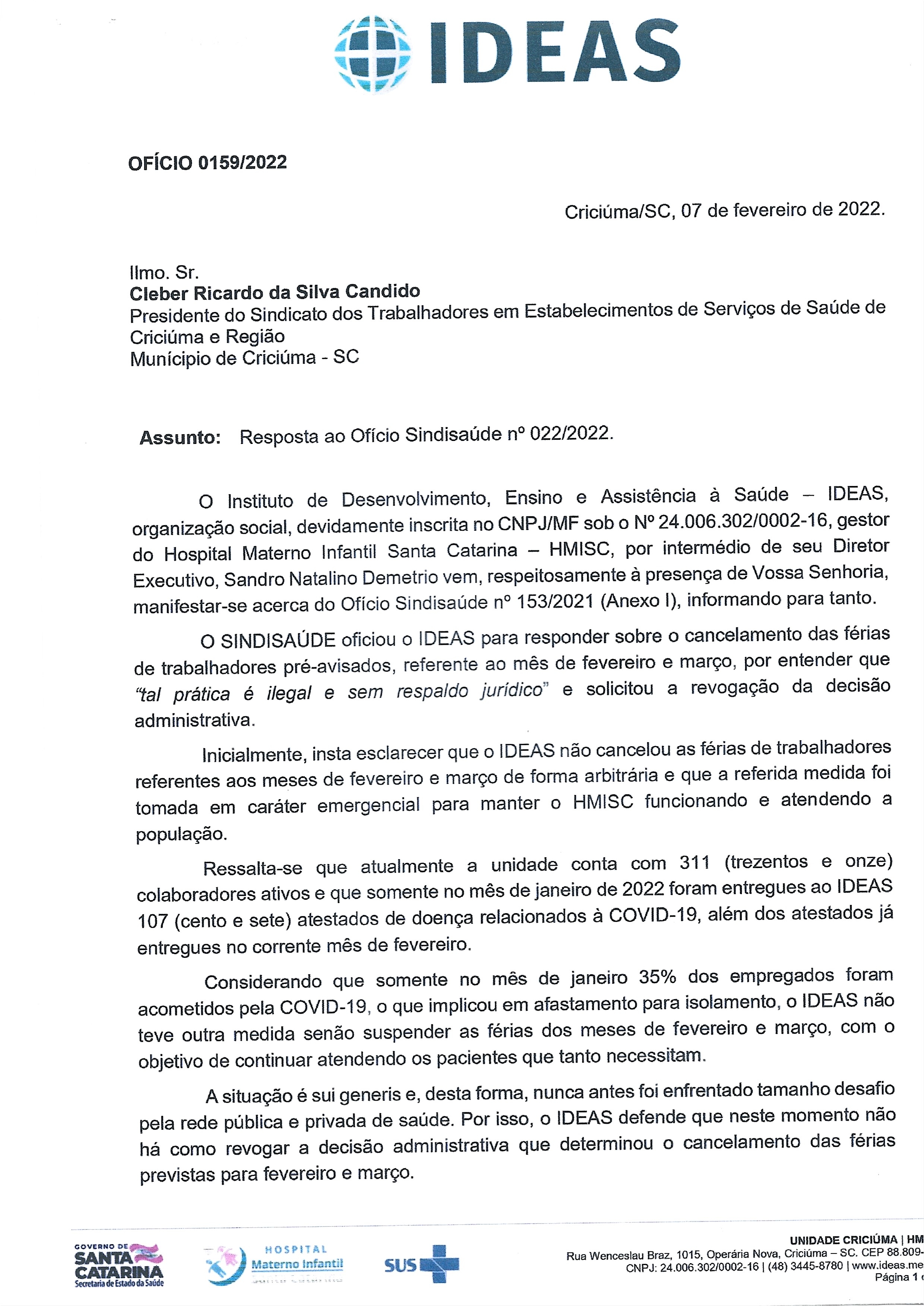 Ofício resposta Ideas - HMISC sobre cancelamento de férias dos trabalhadores