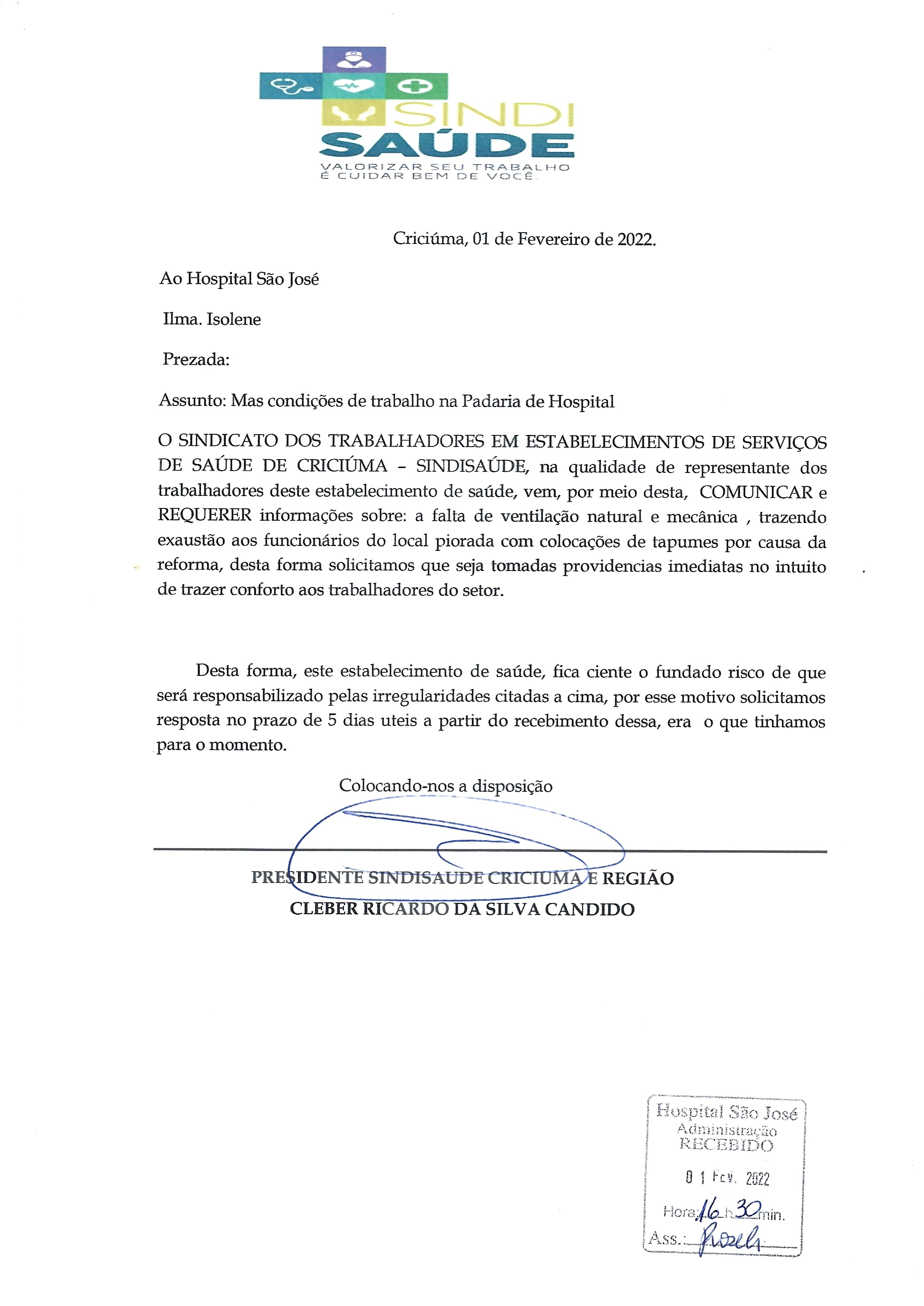 Ofício encaminhado ao Hospital São José