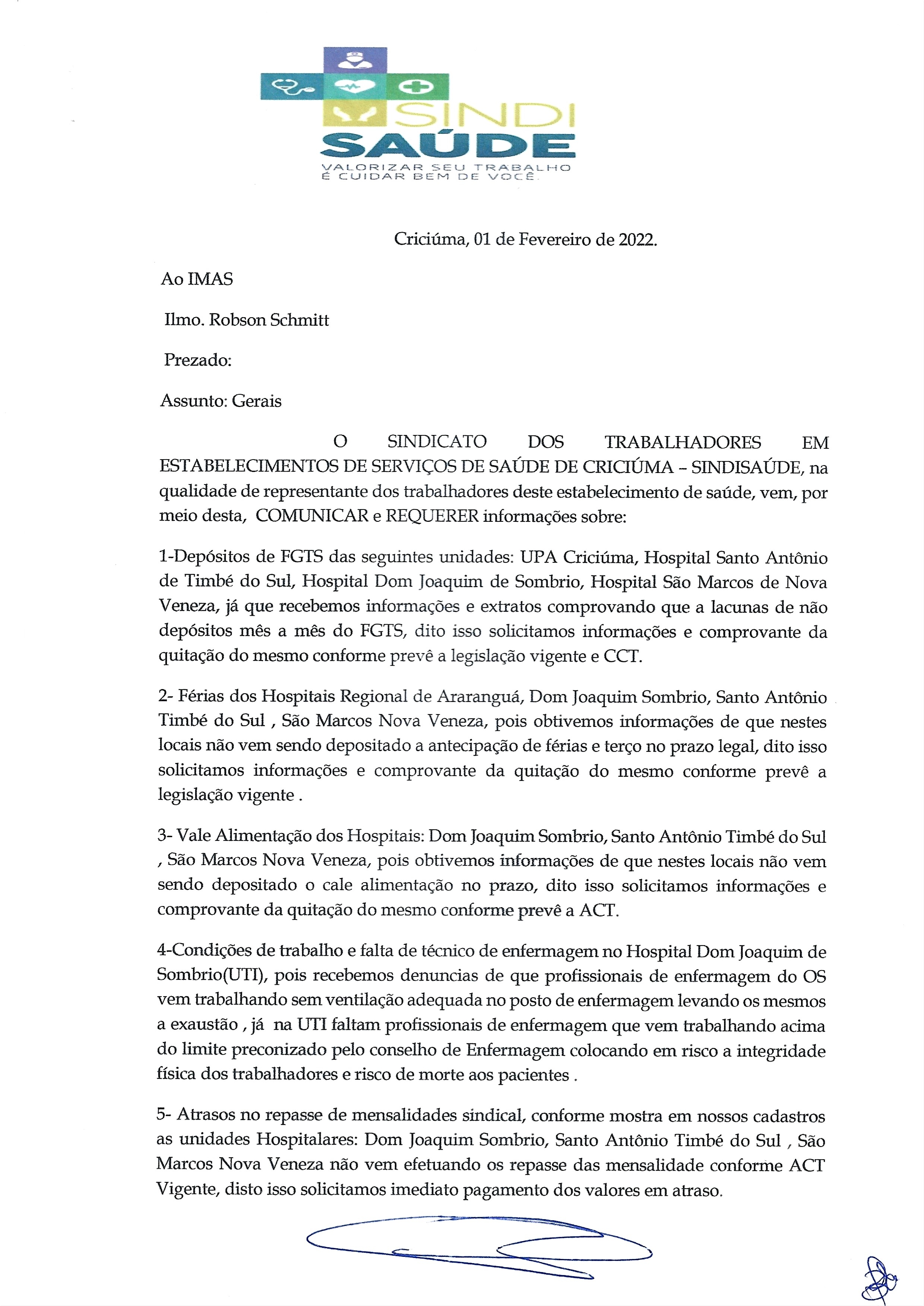 Ofício encaminhado ao Imas 