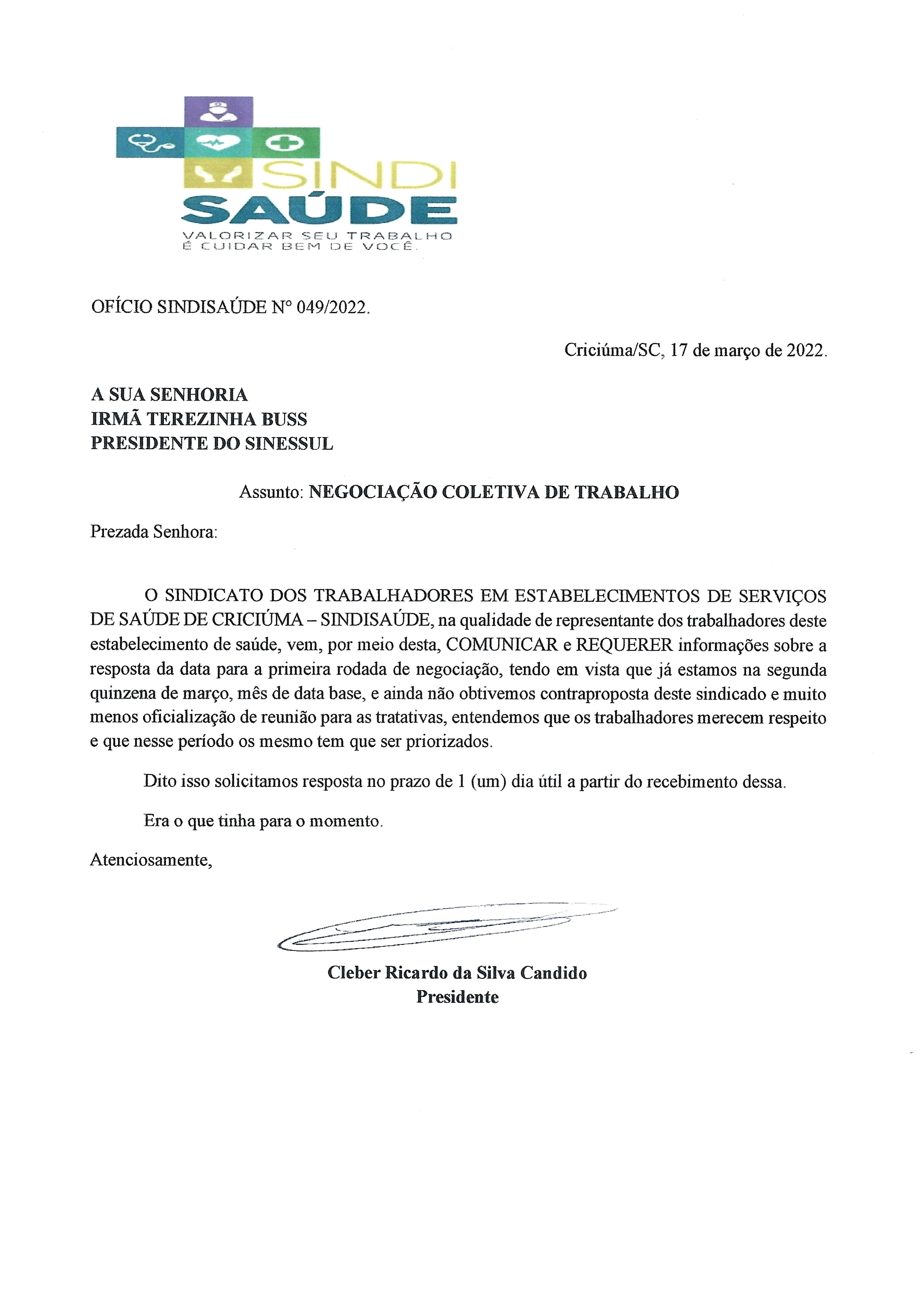 Ofício encaminhado ao Sindicato patronal - Sinessul sobre negociação coletiva