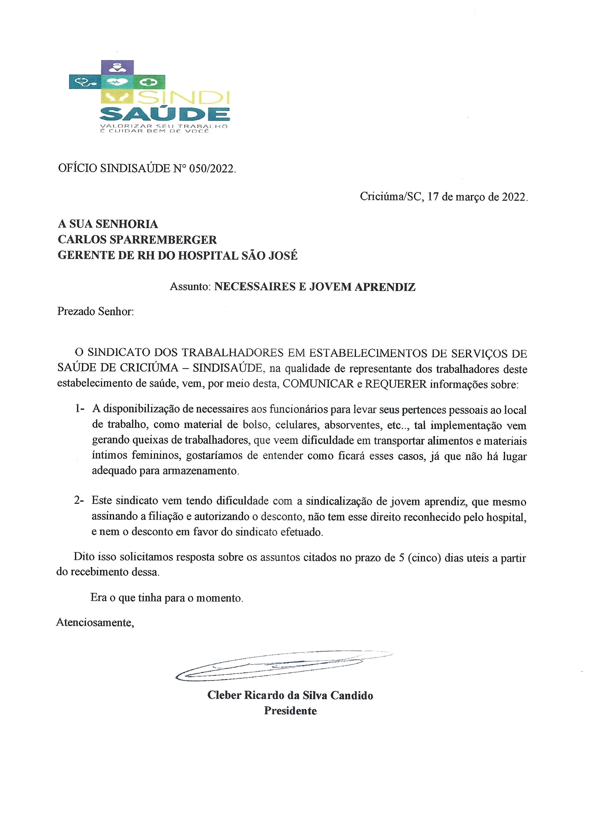 Ofício encaminhado ao RH Hospital São José