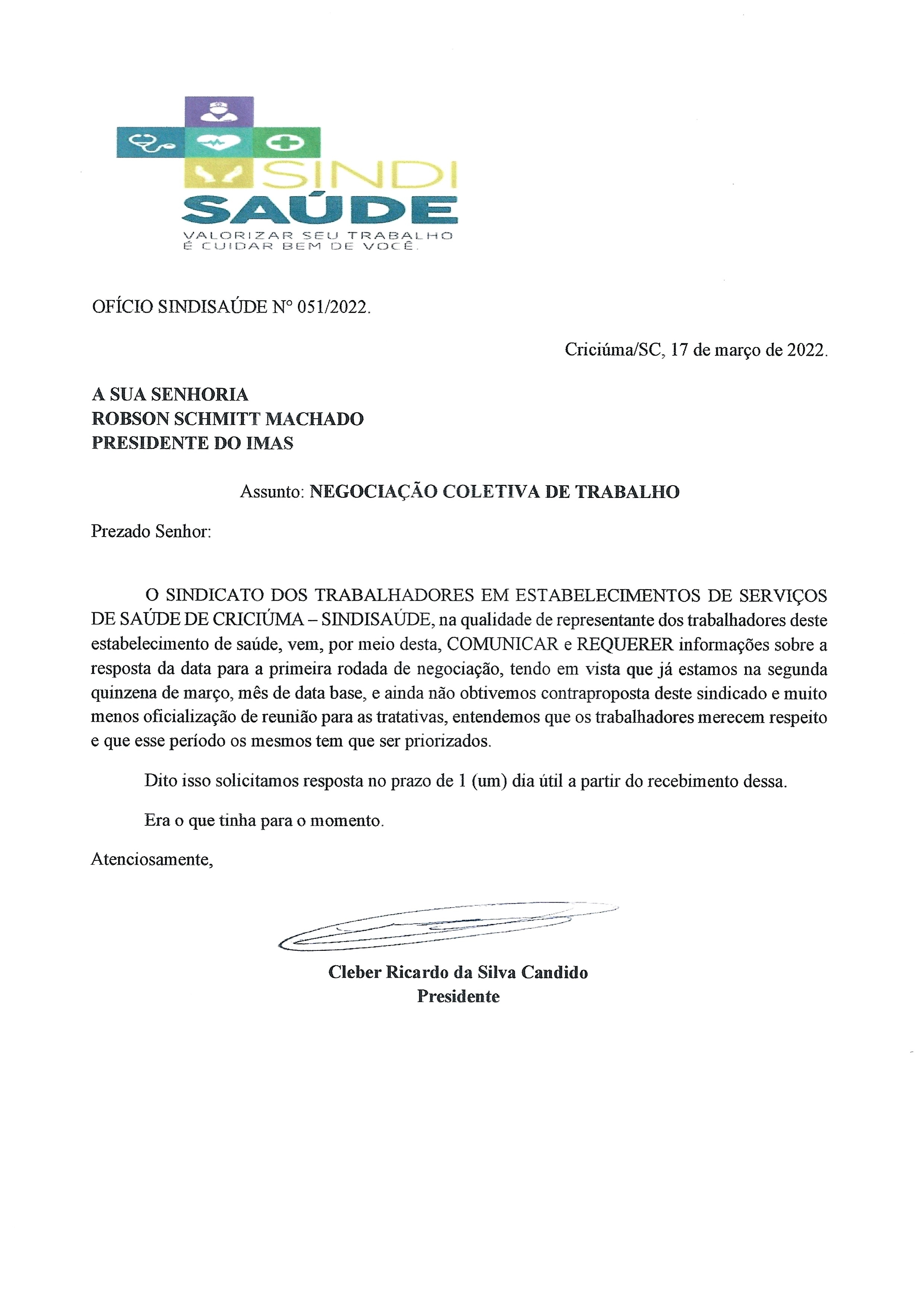 Ofício encaminhado ao IMAS sobre negociação coletiva
