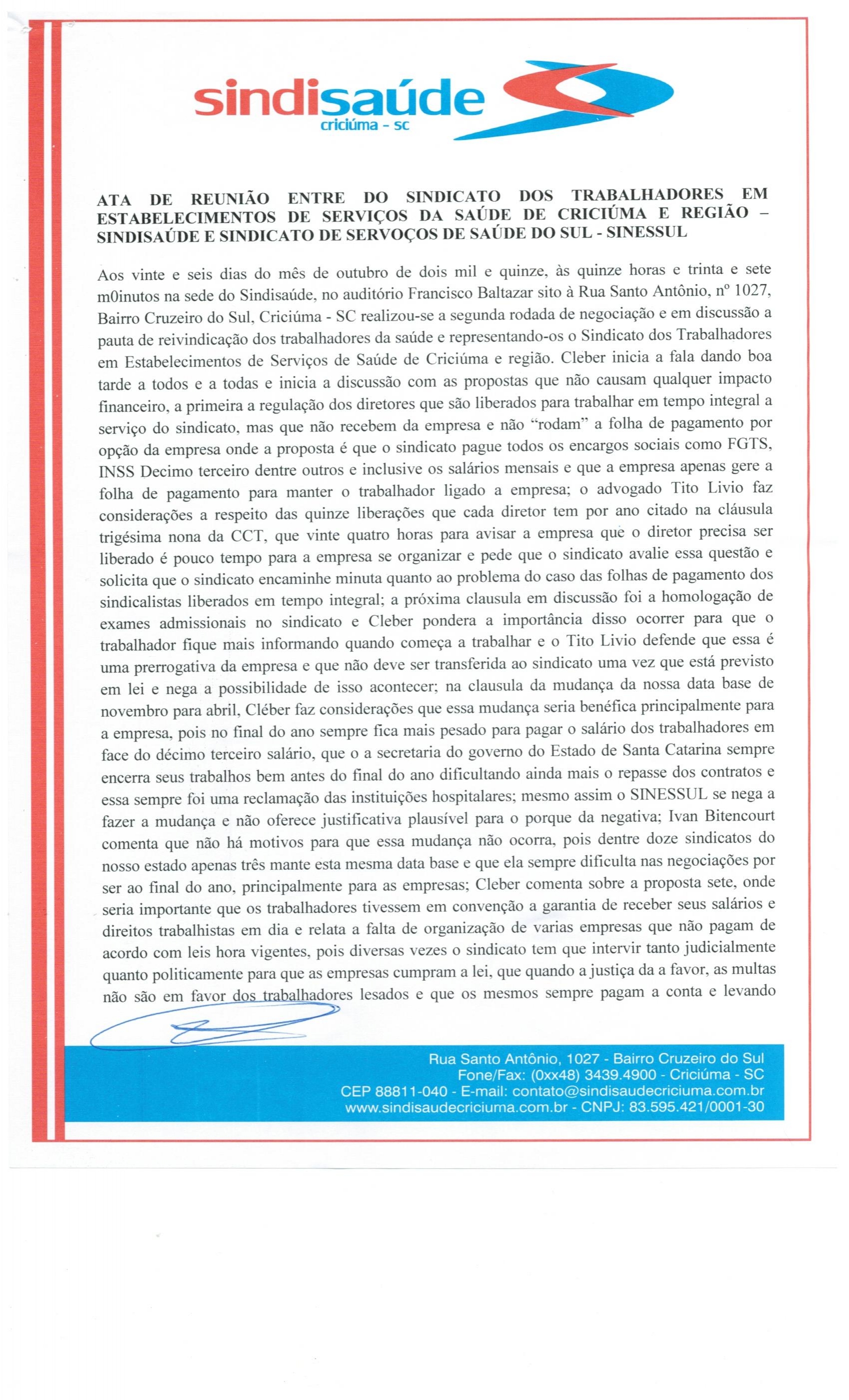ATA E LISTA DE PRESENÇA REUNIÃO DE NEGOCIAÇÃO REALIZADA NO DIA 26 DE OUTUBRO DE 2015