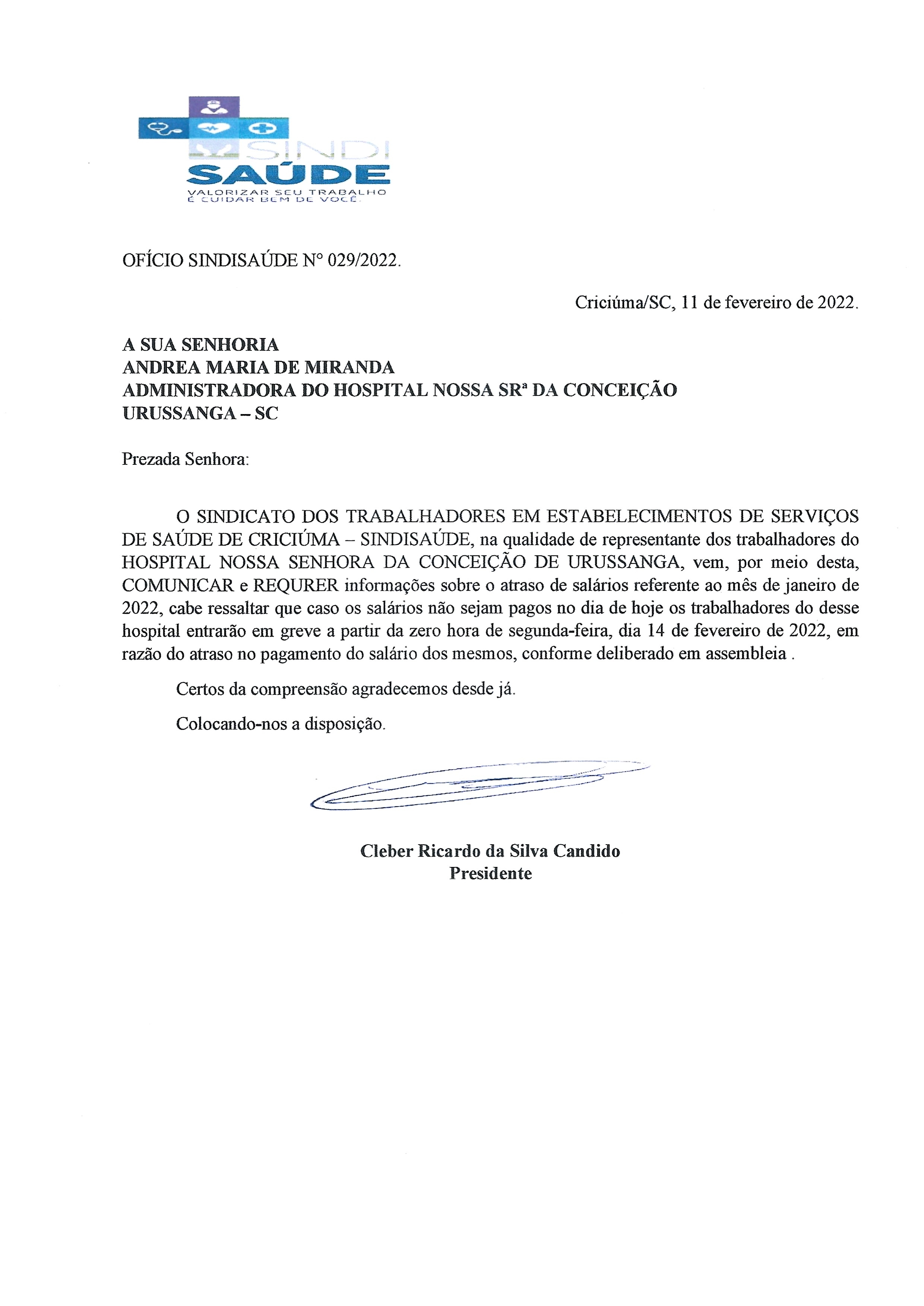 Ofício encaminhado ao Hospital de Urussanga sobre atraso no pagamento dos salários