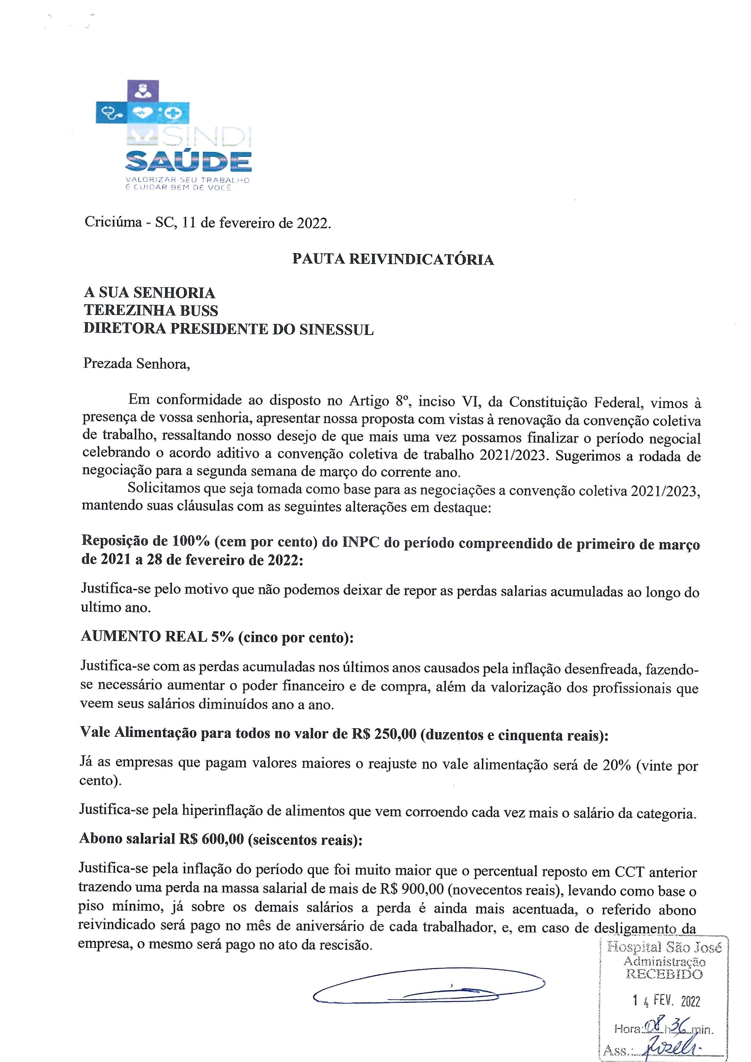 Ofício pauta de reivindicações encaminhado ao sindicato patronal - Sinessul