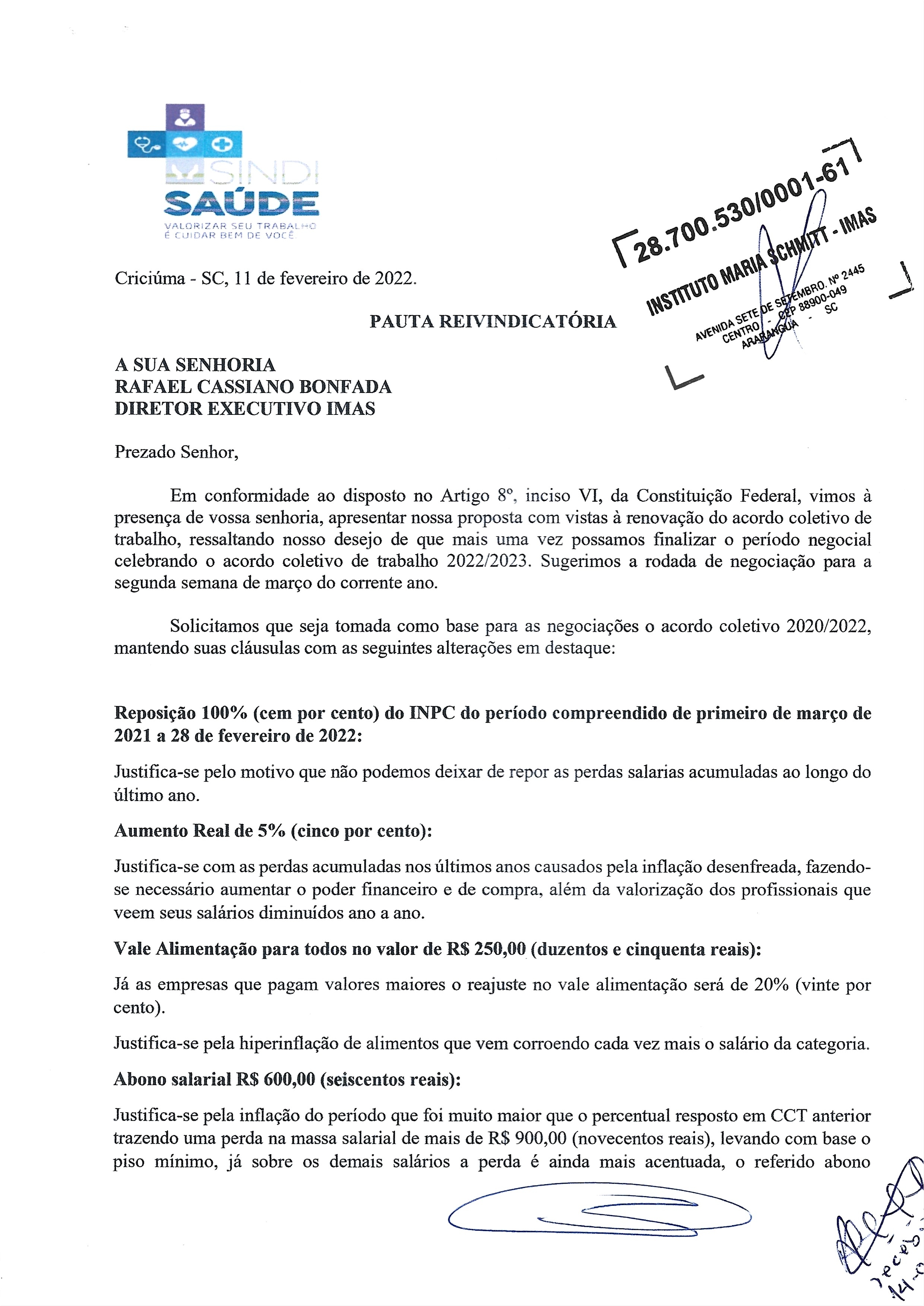 Ofício pauta de reivindicações encaminhado ao Imas