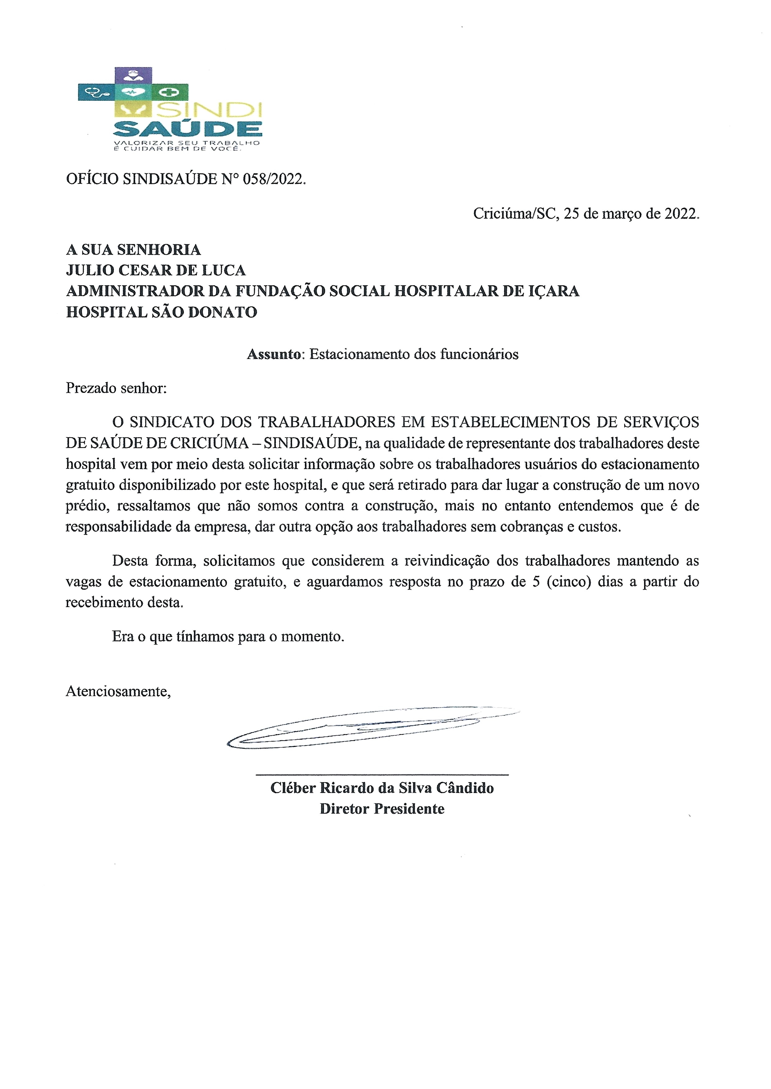 Ofício encaminhado ao Hospital São Donato de Içara