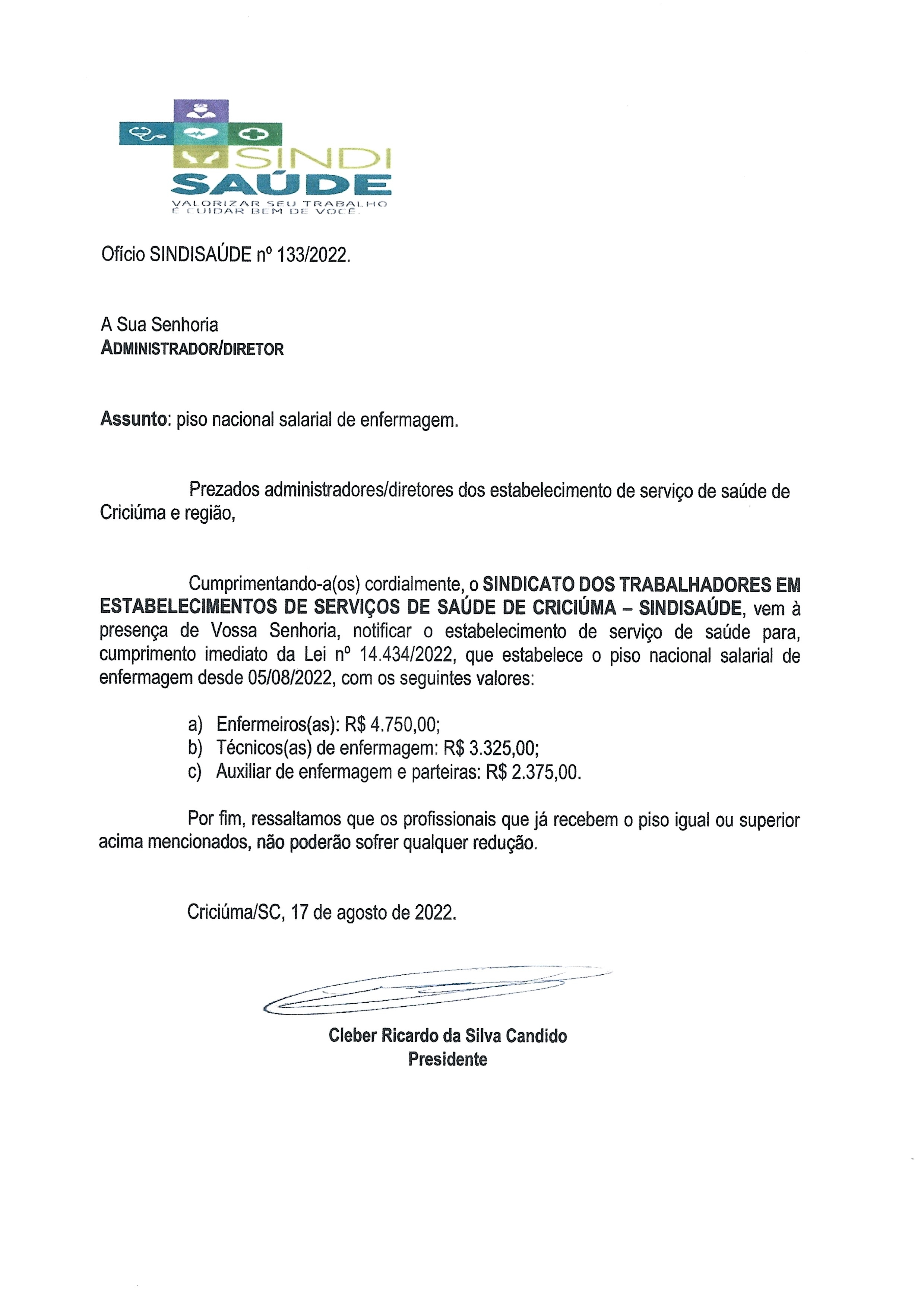 OFICIO CIRCULAR SINDISAÚDE SOBRE O PISO NACIONAL DA ENFERMAGEM