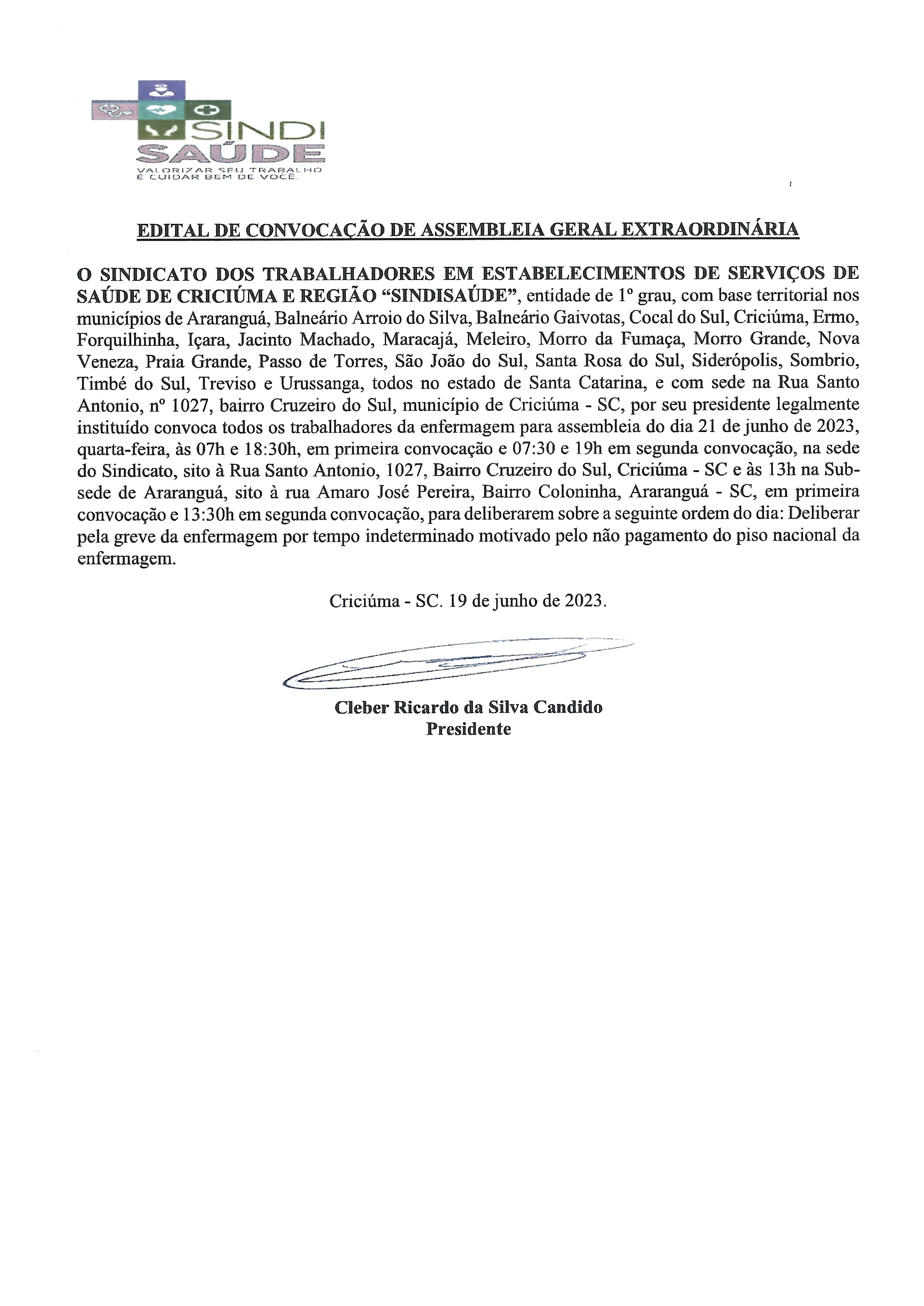 EDITAL DE ASSEMBLEIA PARA DELIBERAR SOBRE GREVE DA ENFERMAGEM