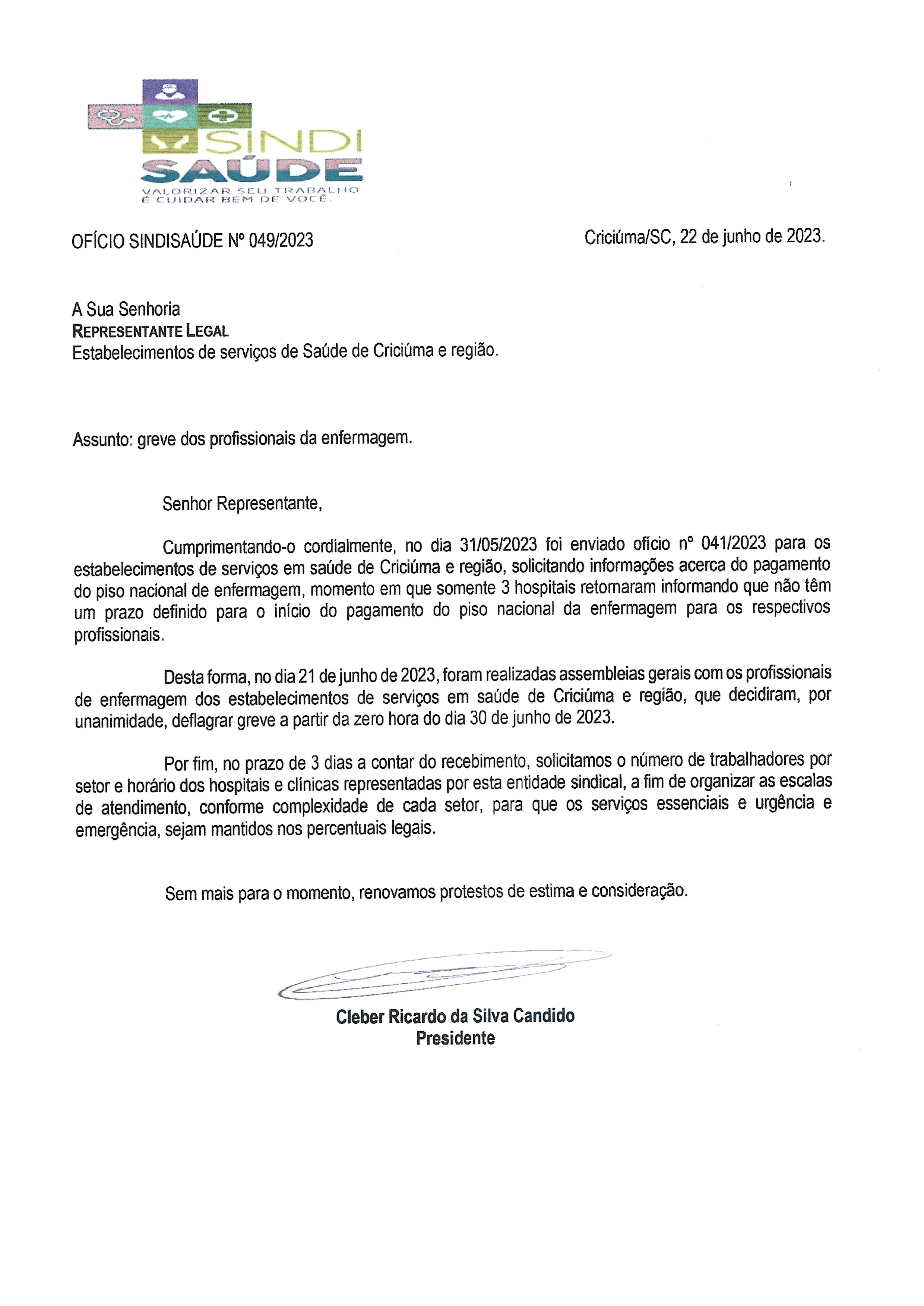 OFÍCIO ENCAMINHADO AOS HOSPITAIS SOBRE GREVE DA ENFERMAGEM