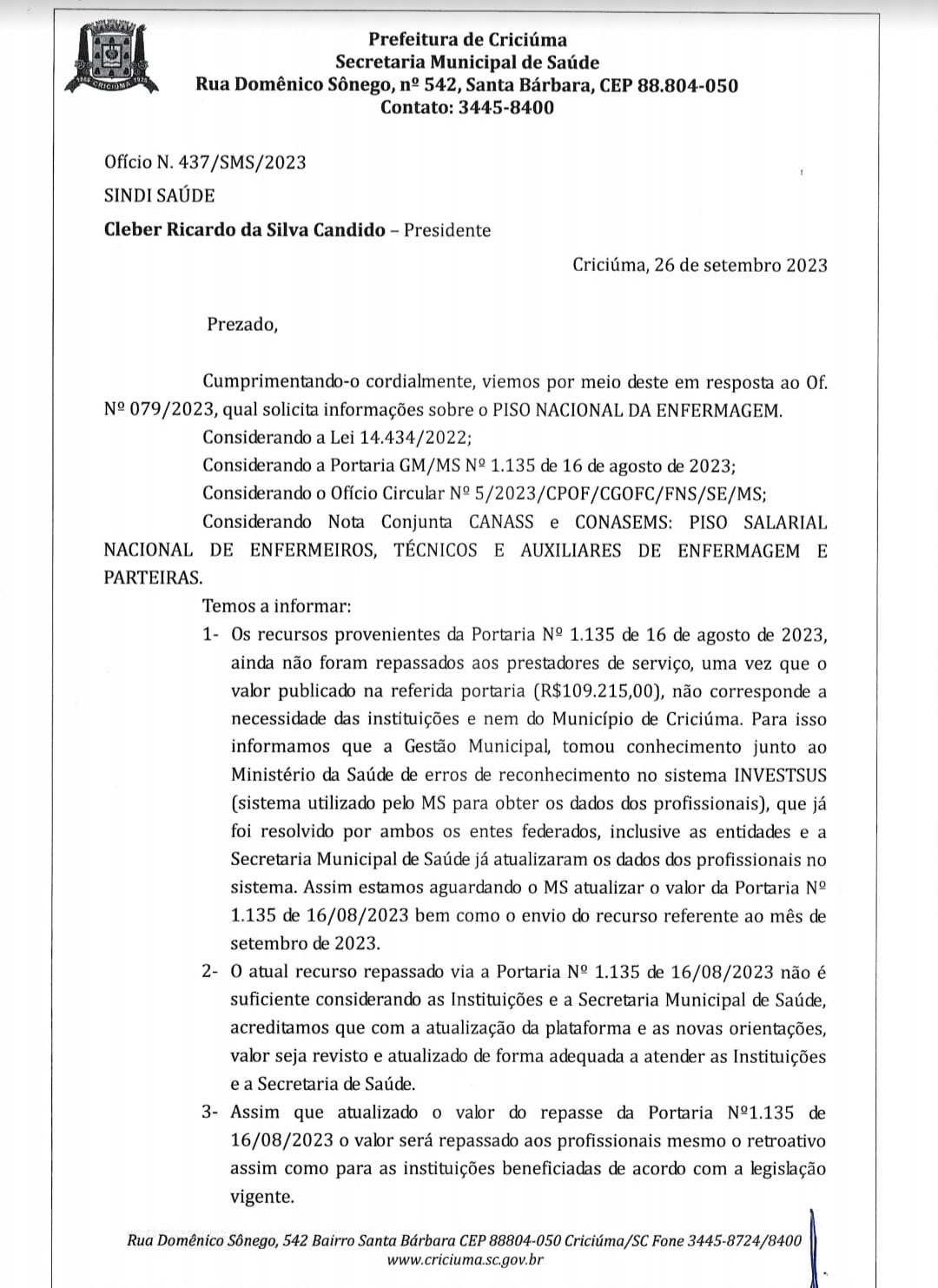 Ofício da Secretaria de Saúde sobre as verbas para o pagamento do Piso da Enfermagem