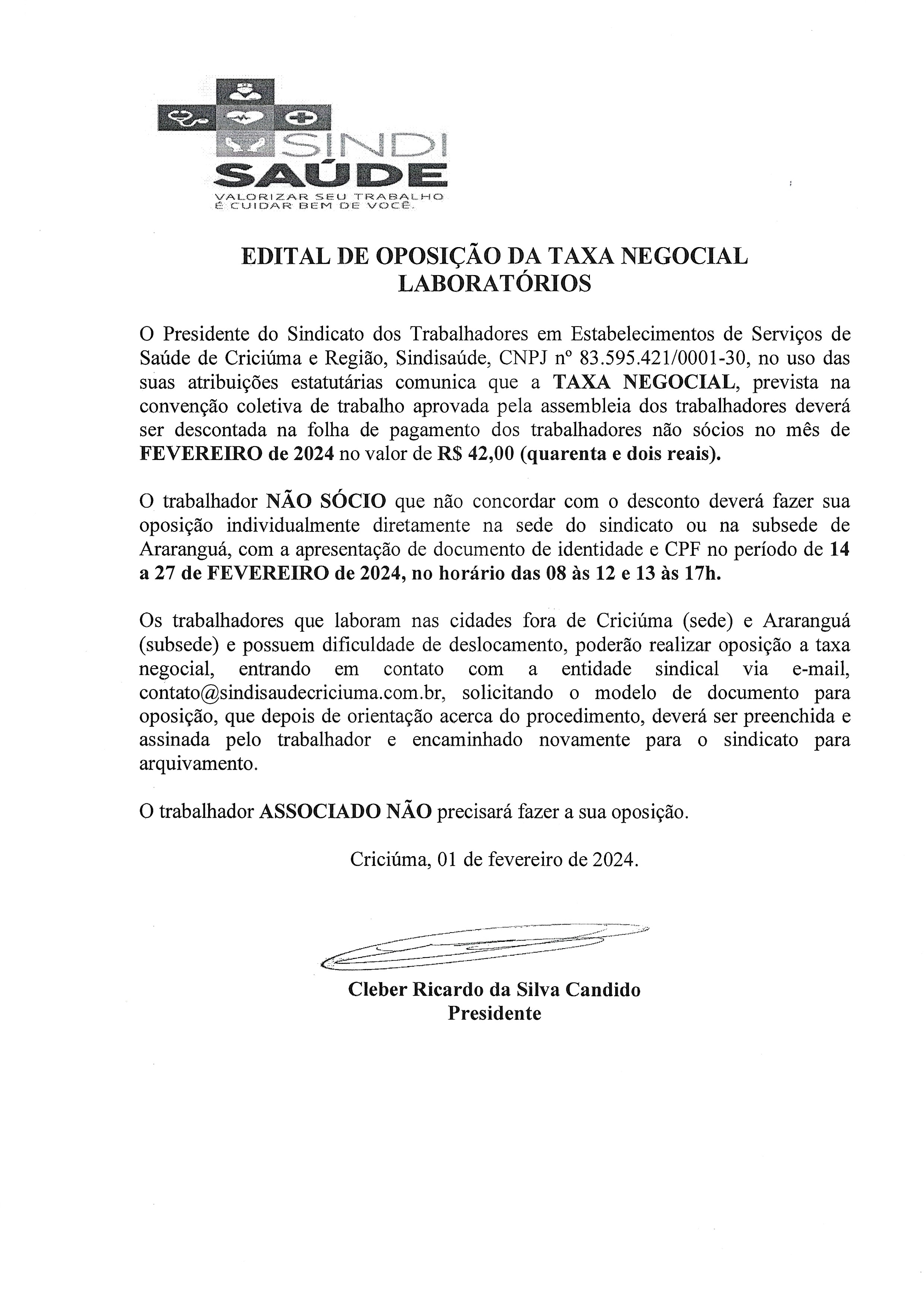 EDITAL OPOSIÇÃO TAXA NEGOCIAL FEVEREIRO DE 2024 - LABORATÓRIOS
