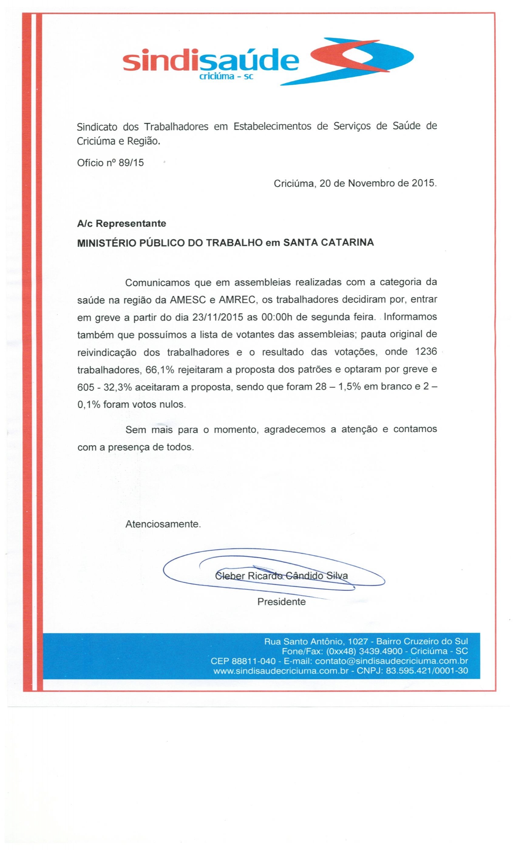 Ofício protocolado no Ministério Público do Trabalho sobre greve
